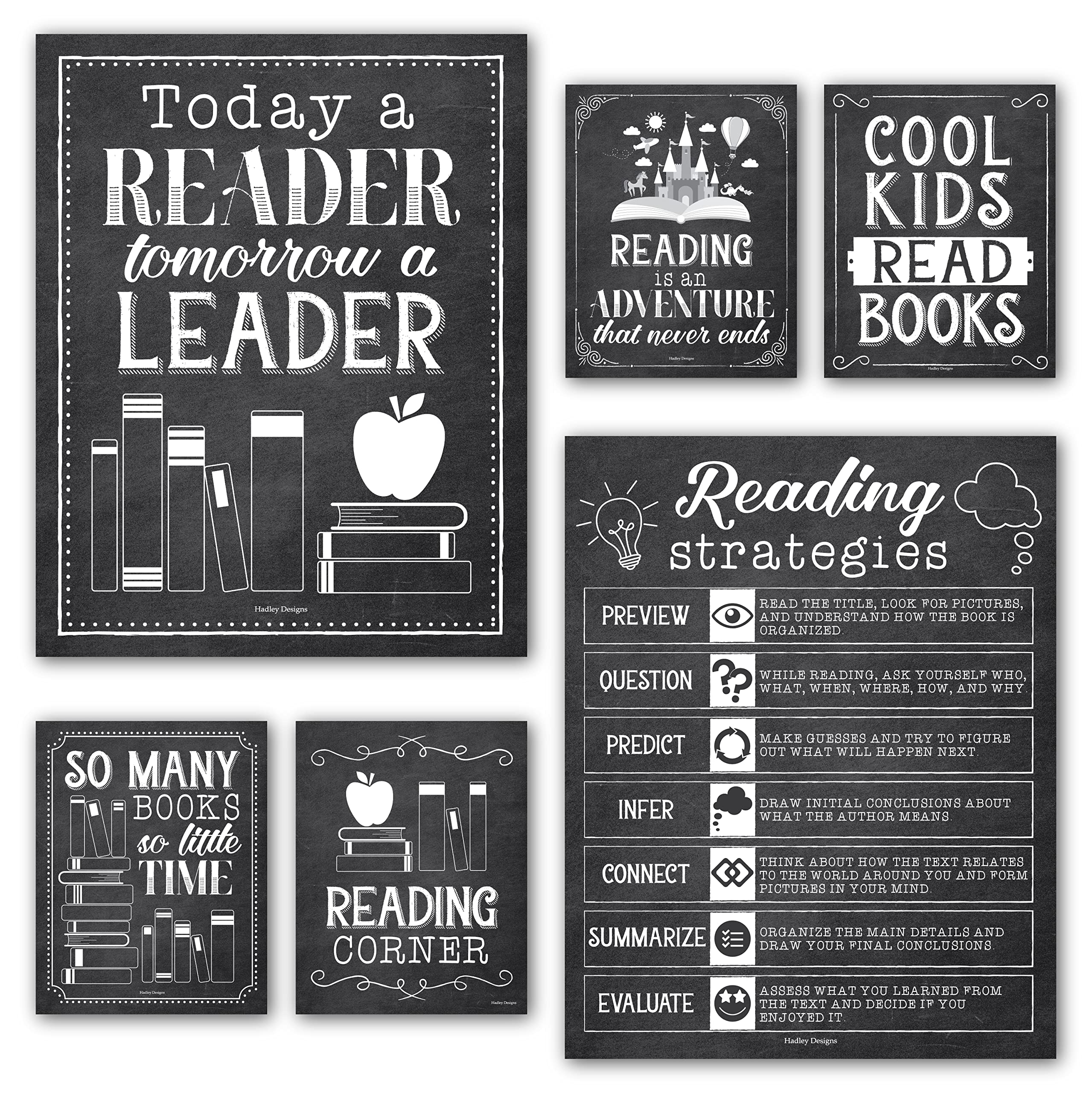 6 Black & White Reading Posters For Classroom Library Decorations For School - Reading Posters For Elementary School, Reading Bu