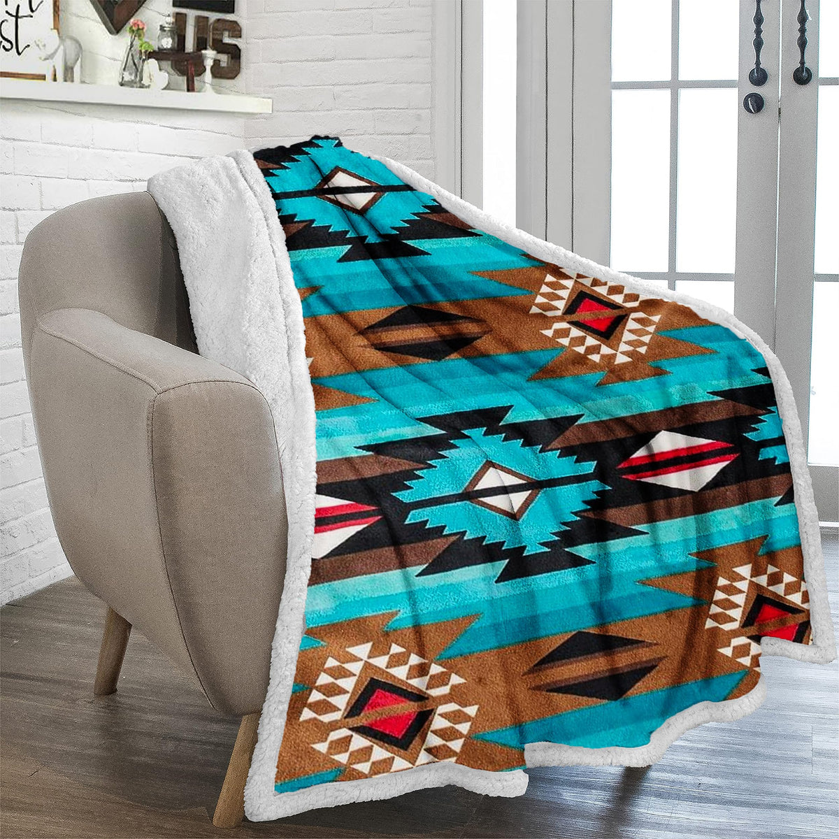 Trailcrest Sherpa Fleece Twin Size Throw Blanket, Cozy Plush Adult Aztec Blanket For Men & Women Reversible With Aztec Print Wes