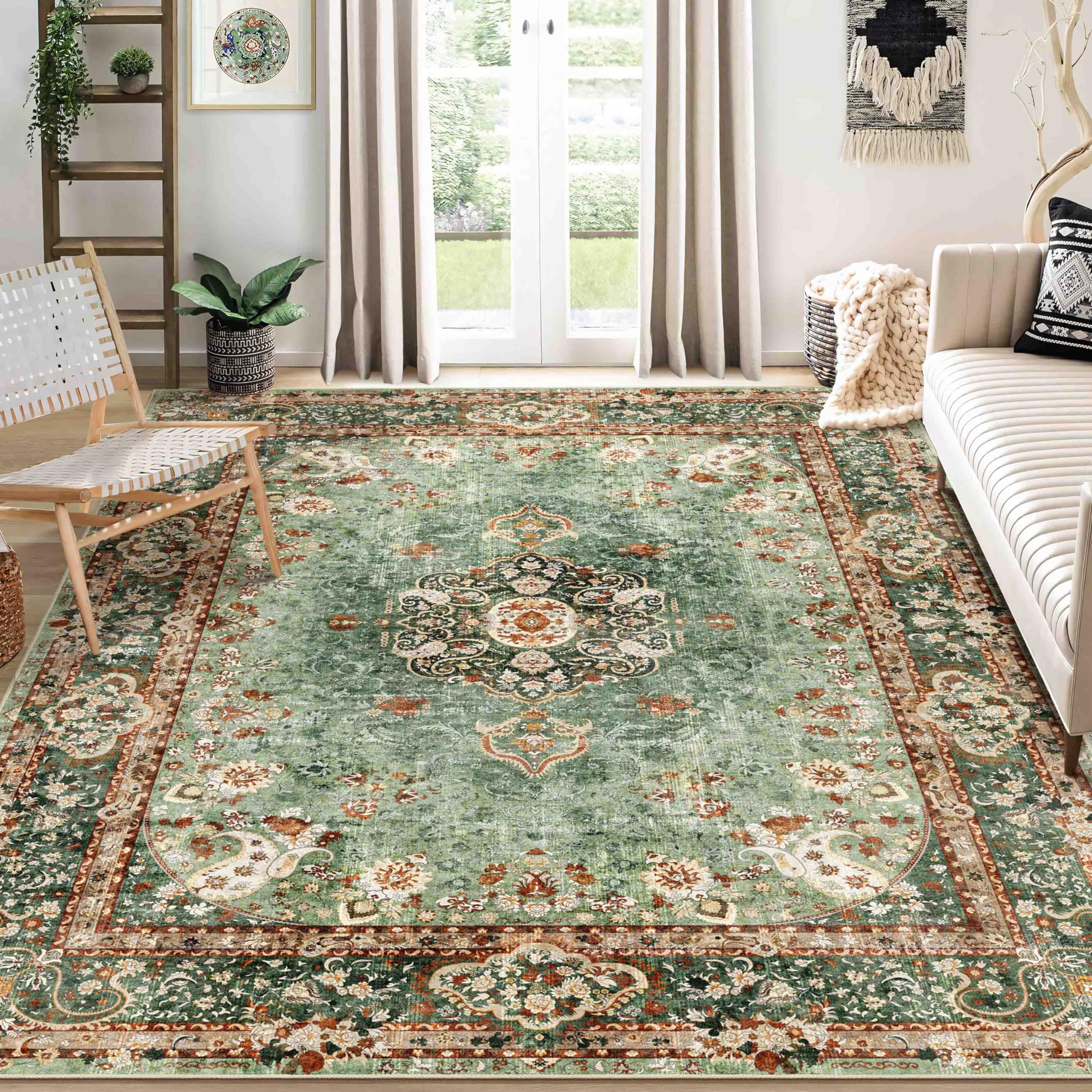 Castage 8x10 Area Rugs Washable,Green Rug for Living Room Bedroom Dining Room,Large Boho Vintage Bohemian Distressed Oriental Ca