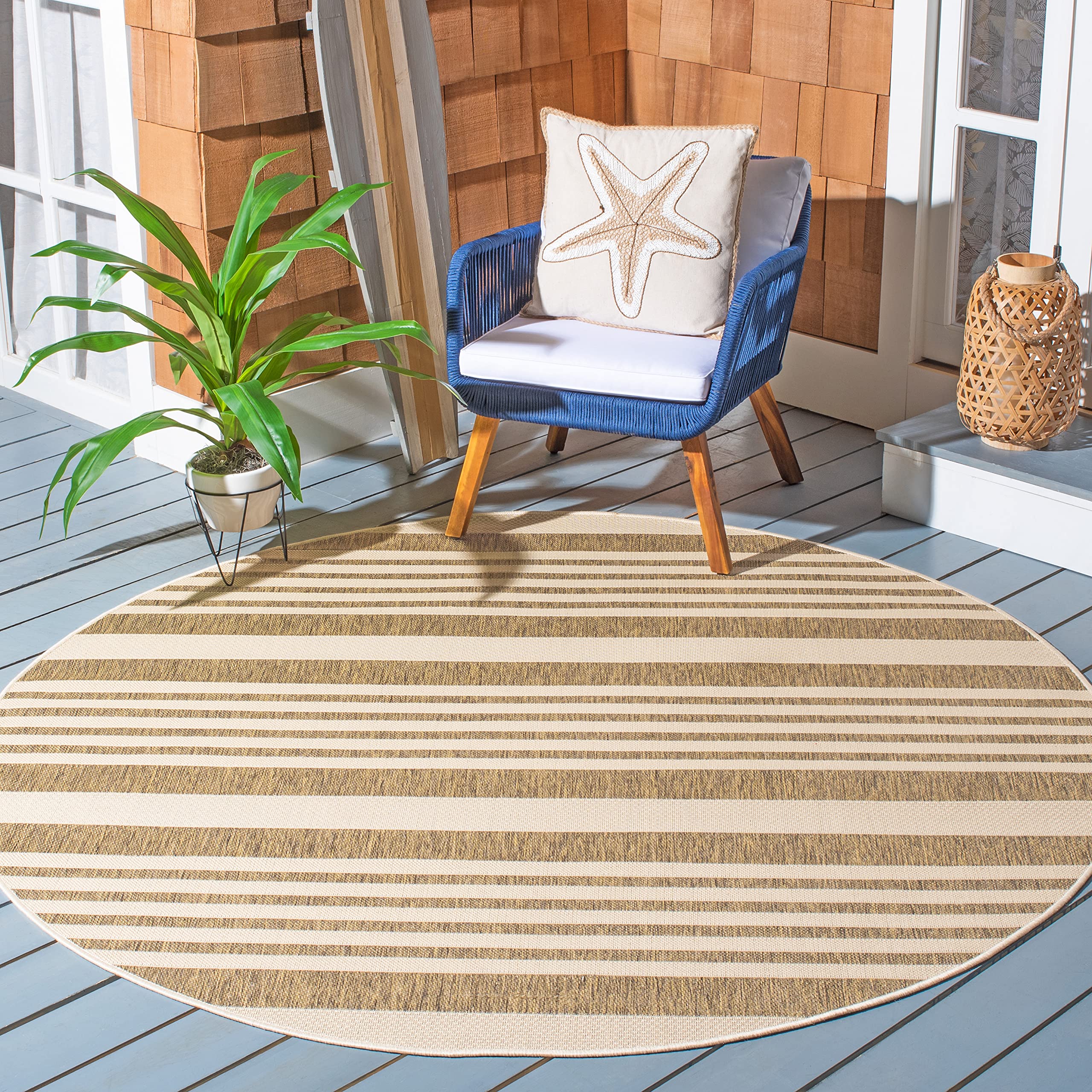 Safavieh Courtyard Collection 5'3' Round Brown/Bone Cy6062 Stripe Indoor/ Outdoor Patio Backyard Mudroom Area Rug
