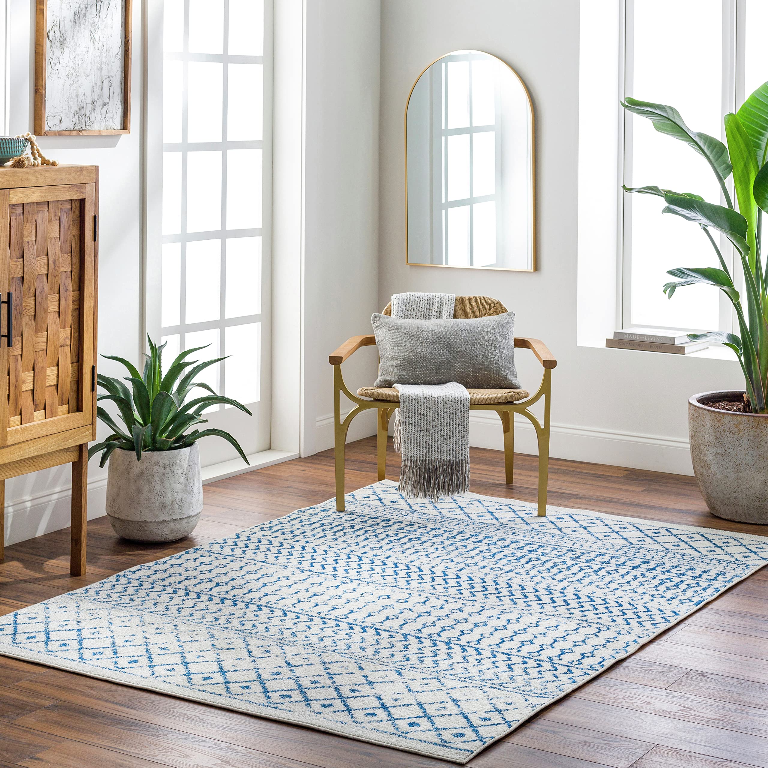 Livabliss Chester Boho Moroccan Area Rug, 7'10'' Square, Cream/Royal Blue