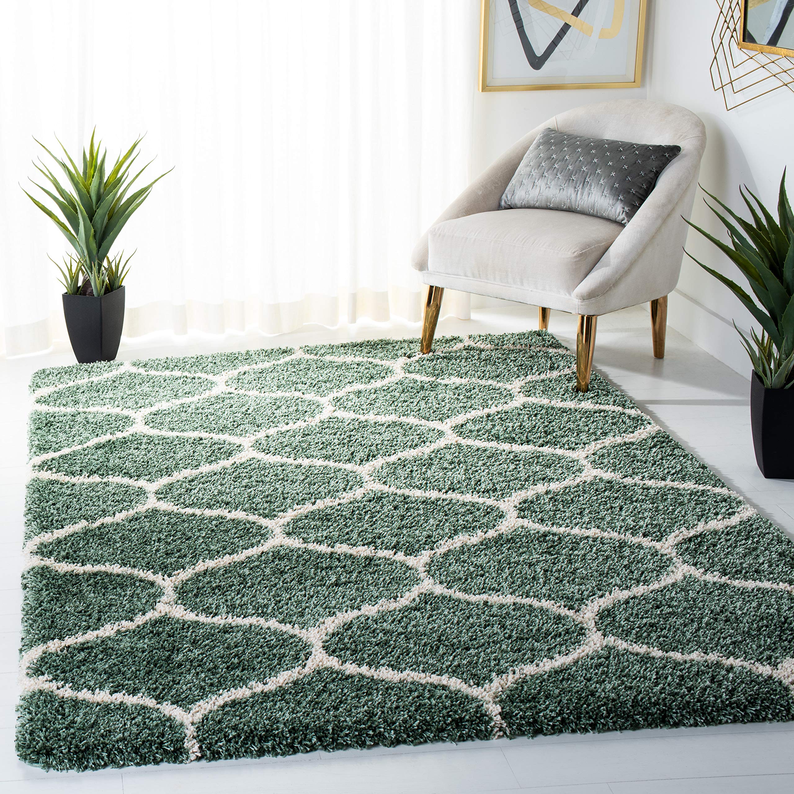 SAFAVIEH Hudson Shag Collection Accent Rug - 4 x 6, Light Green & Ivory, Trellis Design, Non-Shedding & Easy Care, 2-inch Thic