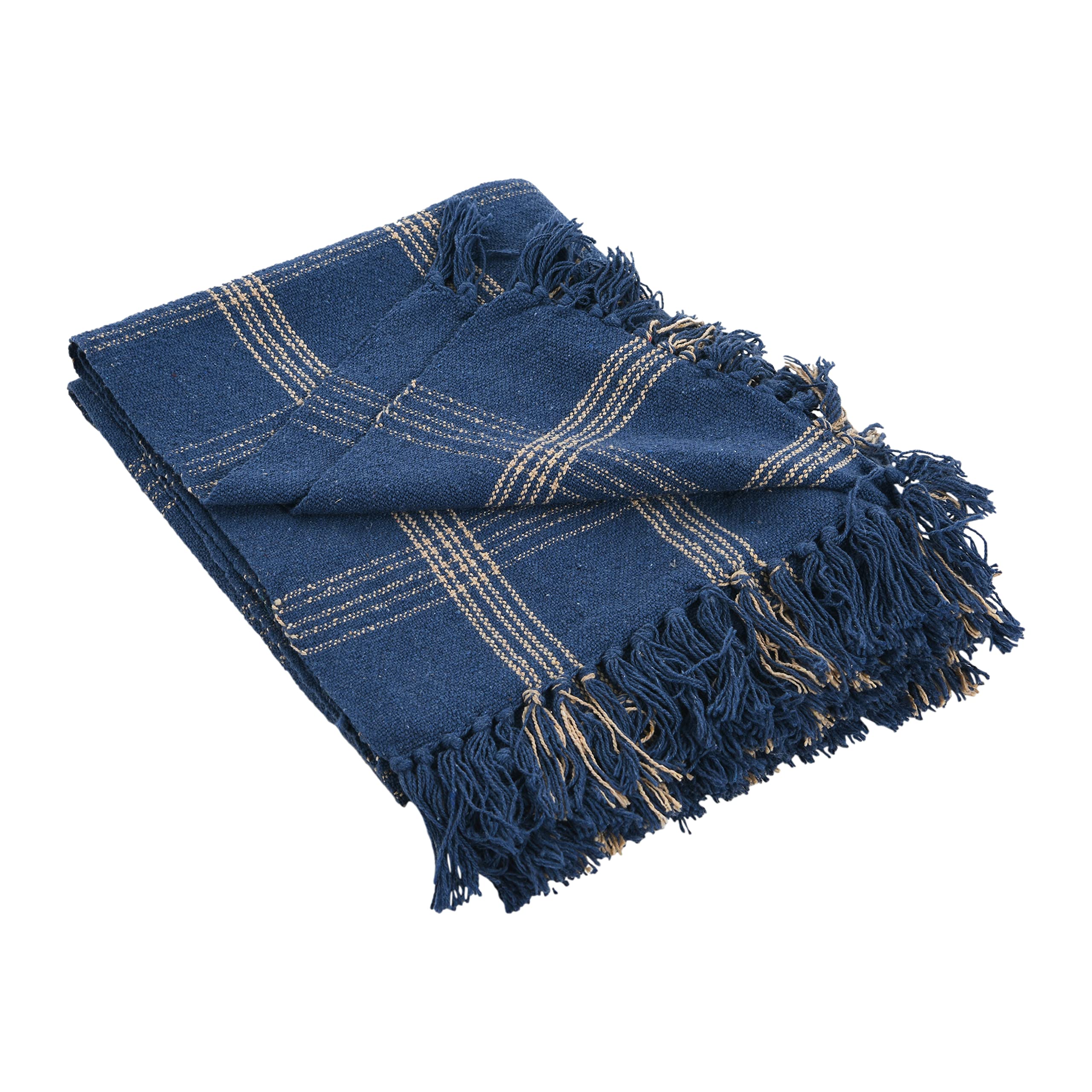 Creative Co-Op Recycled Cotton Blend Throw Blanket With Fringe, Blue Plaid