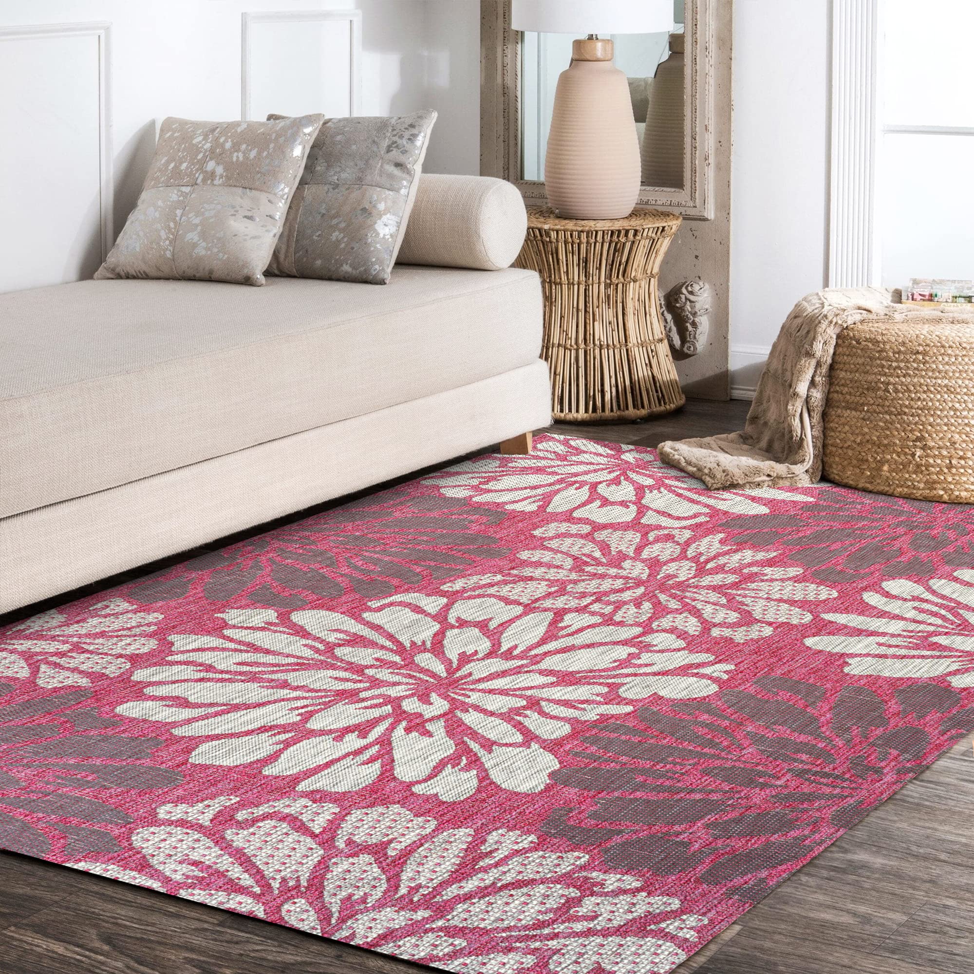 Jonathan Y Smb110F-5 Zinnia Modern Floral Textured Weave Indoor Outdoor Area-Rug, Bohemian Coastal Mediterranean Easy-Cleaning,B