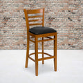 2 Pk. Cherry Finished Ladder Back Wooden Restaurant Barstool - Black Vinyl Seat
