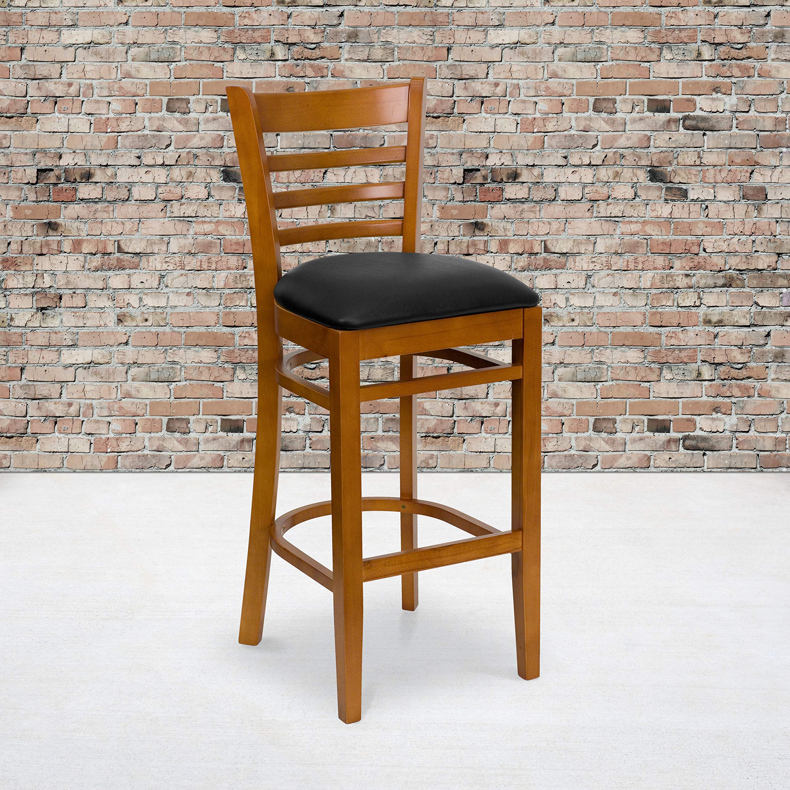 2 Pk. Cherry Finished Ladder Back Wooden Restaurant Barstool - Black Vinyl Seat