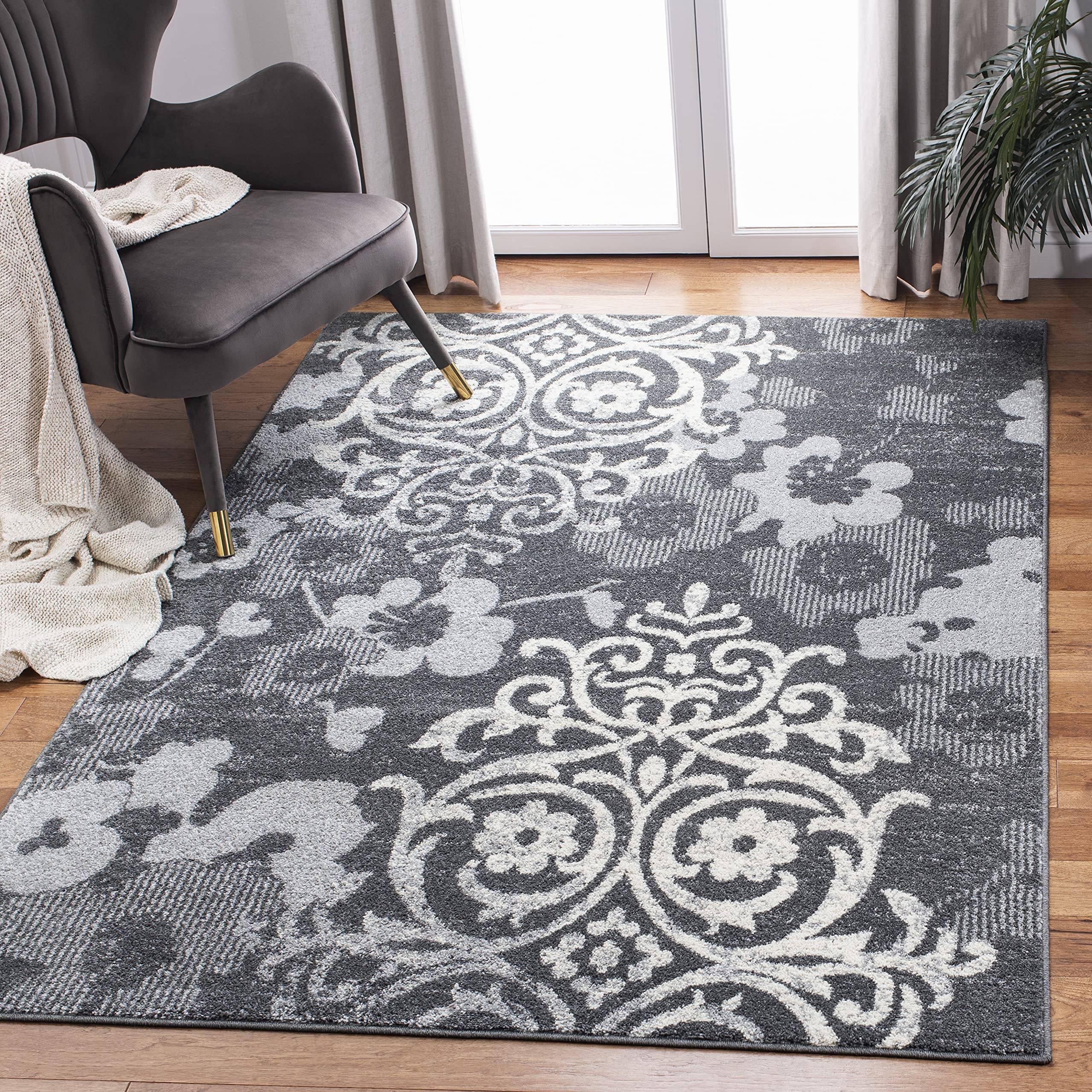 SAFAVIEH Adirondack Collection Area Rug - 55 x 77, Charcoal & Ivory, Floral Glam Damask Distressed Design, Non-Shedding & Easy