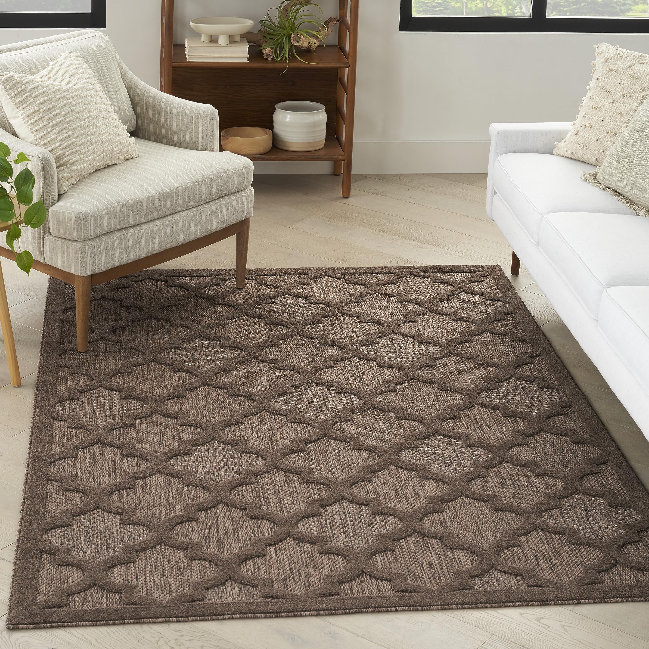 Nourison Easy Care Indoor/Outdoor Brown 6' X 9' Area Rug, Easy Cleaning, Non Shedding, Bed Room, Living Room, Dining Room, Backyard, Deck, Patio (6X9)