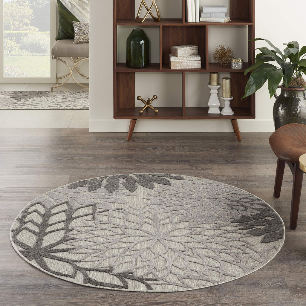 Nourison Aloha Indoor/Outdoor Floral Silver Grey 5'3' X Round Area Rug, (5' Round)