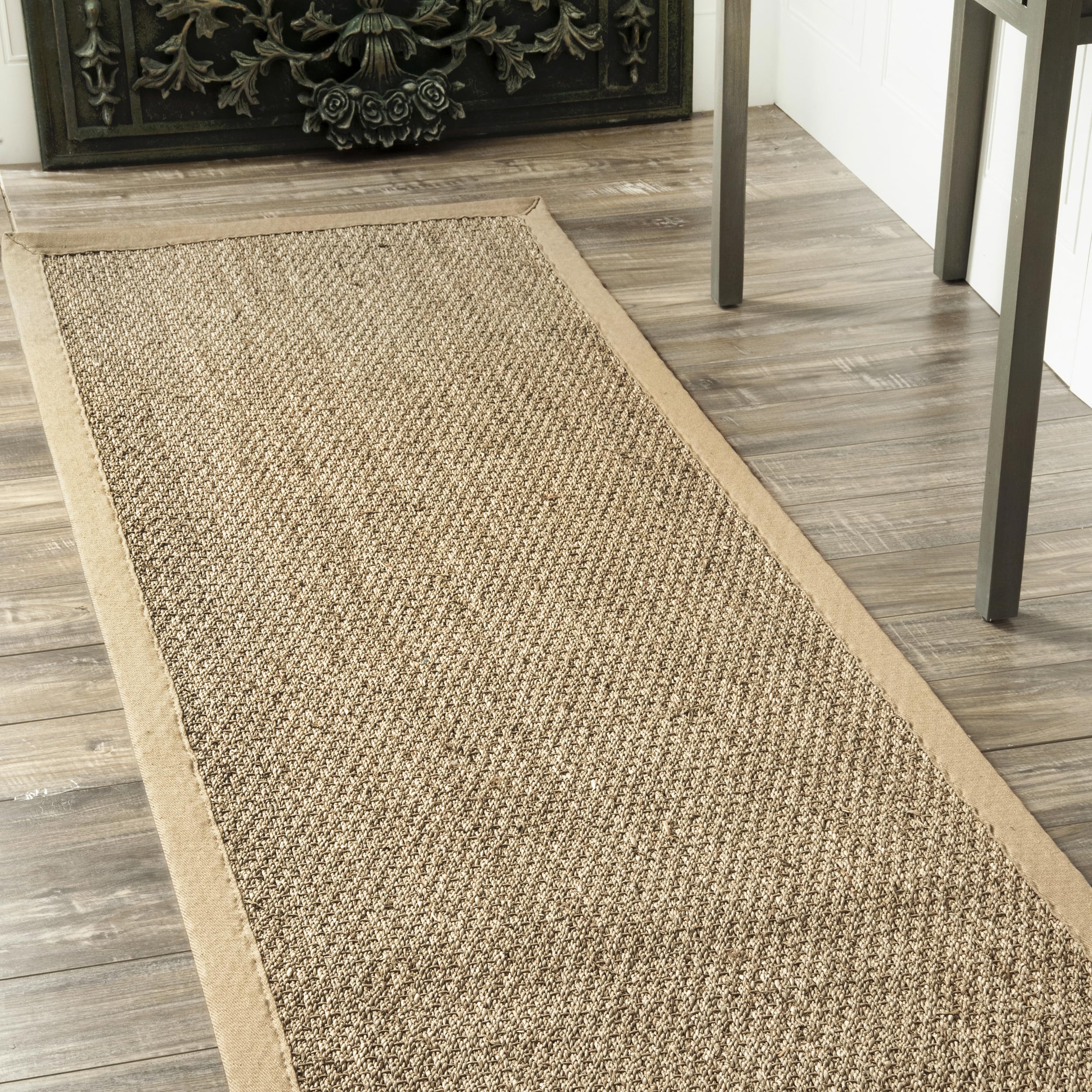 nuLOOM 2x14 Elijah Seagrass Area Rug, Beige, Solid Farmhouse Style, Cotton Bordered, Basketweave, Natural Fiber, For Bedroom, Di