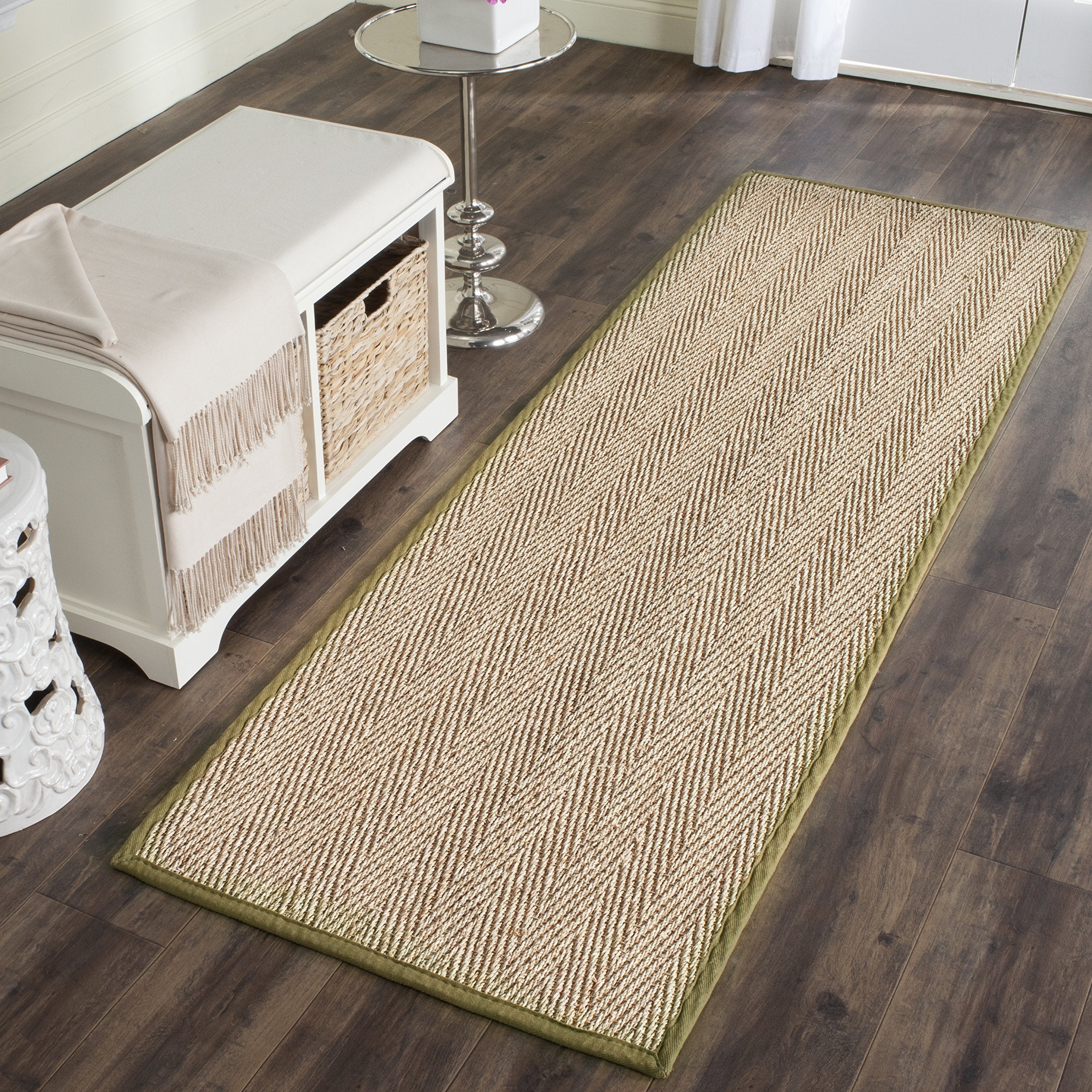 Safavieh Natural Fiber Collection Runner Rug - 26 x 12, Natural & Olive, Border Herringbone Seagrass Design, Easy Care, Ideal 