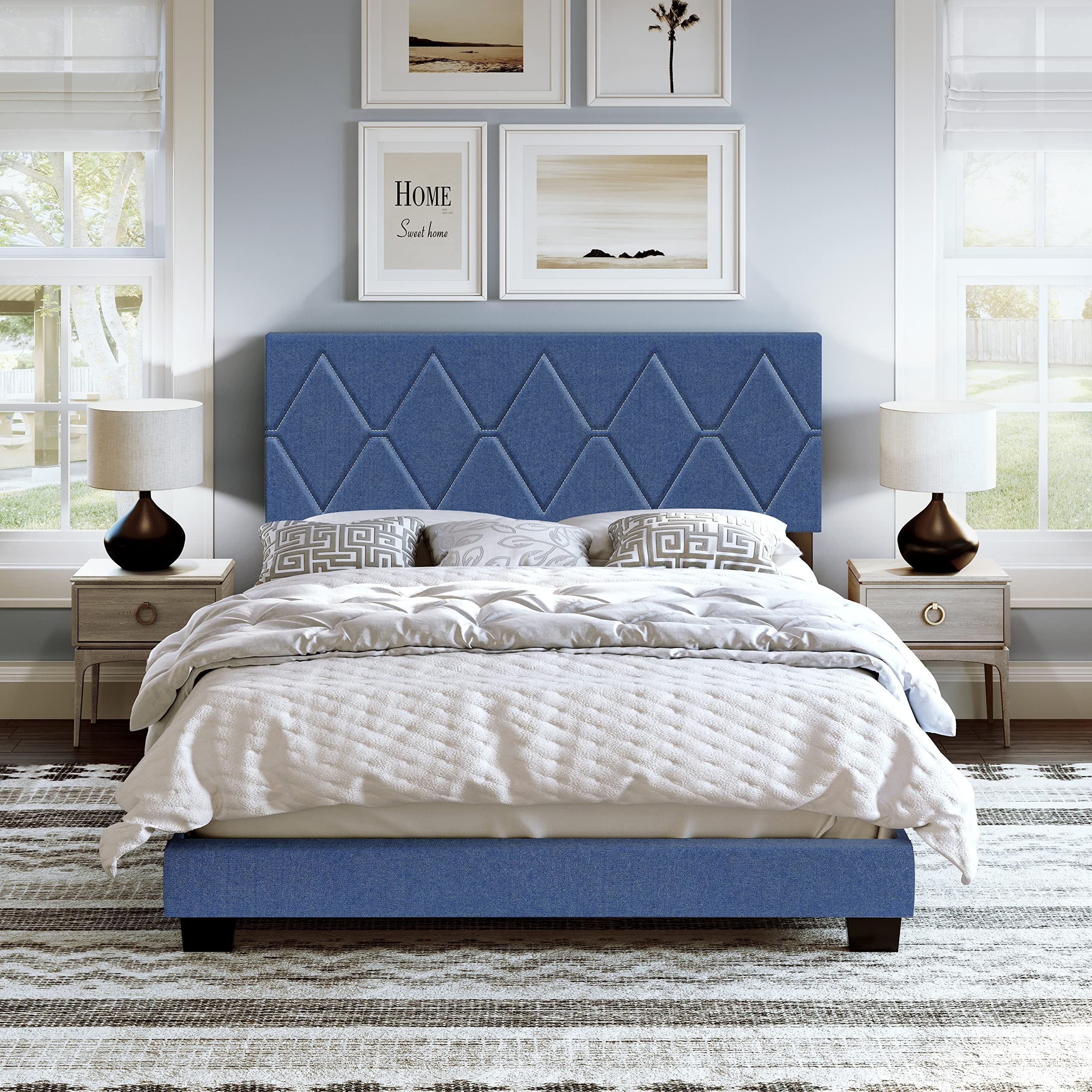 Boyd Sleep Diamond Upholstered Platform Bed with Headboard and Durable Mattress Foundation with Strong 4 Wood Slat Supports, Box Spring Required: Queen, Blue