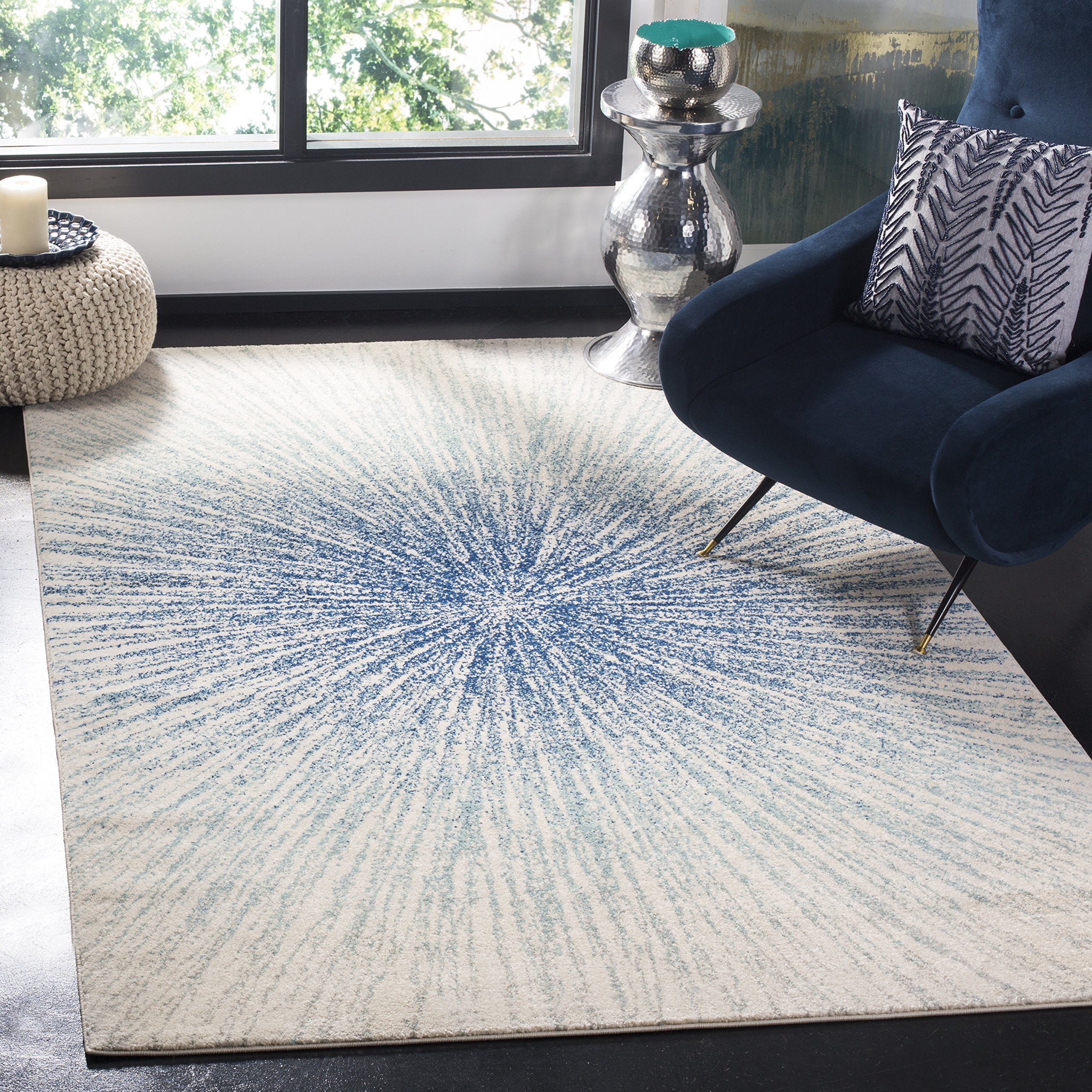 SAFAVIEH Evoke Collection 67 x 9 Royal / Ivory EVK228A Abstract Burst Non-Shedding Living Room Bedroom Dining Home Office Area