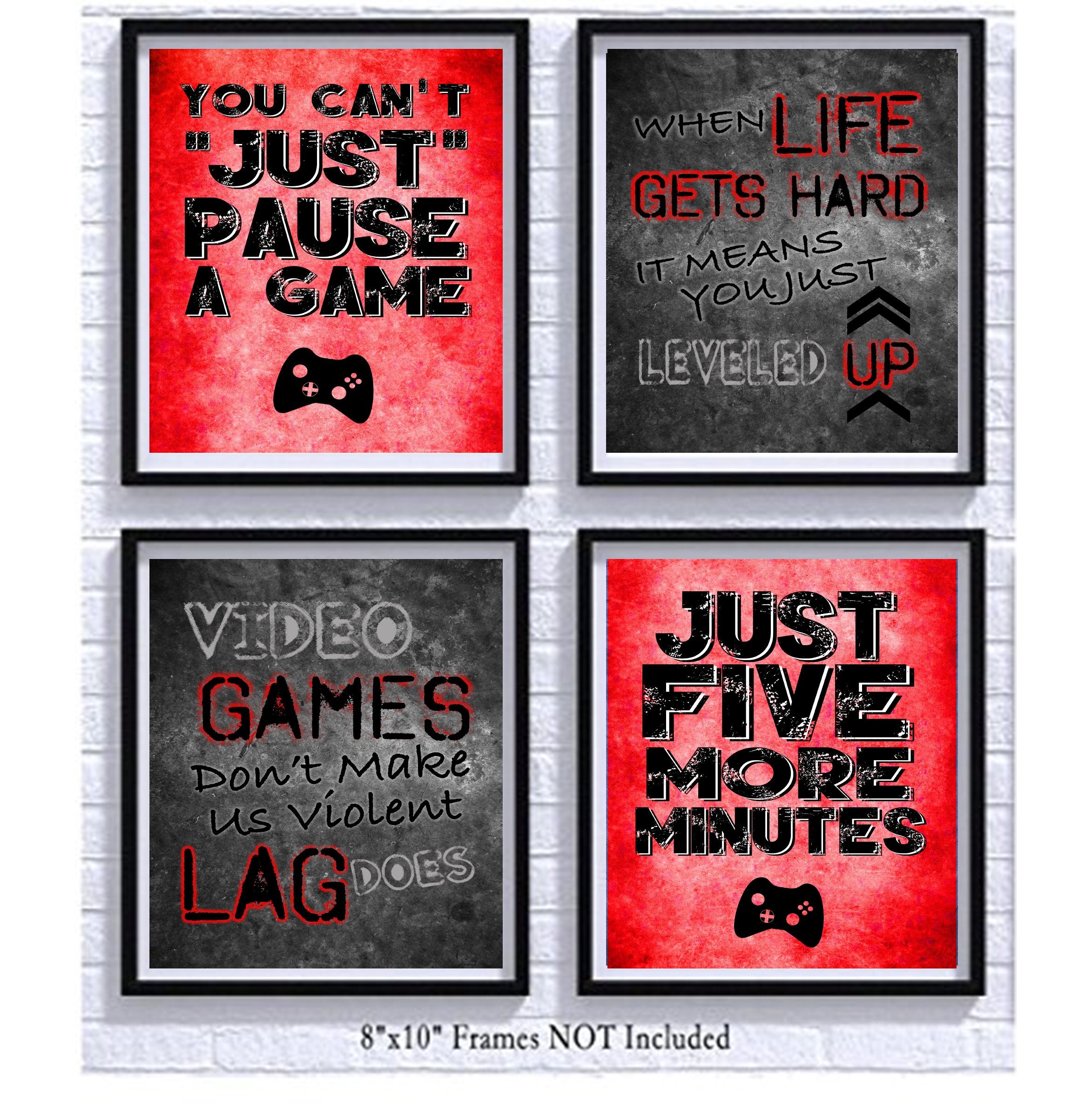 Silly Goose Gifts Video Game Themed Art Print Room Wall Decoration (Set or Four) Gamer (Red)