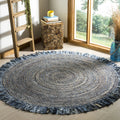 SAFAVIEH Cape Cod Collection Area Rug - 6 Round, Ivory & Denim, Handmade Boho Fringe Jute & Cotton, Ideal for High Traffic Area