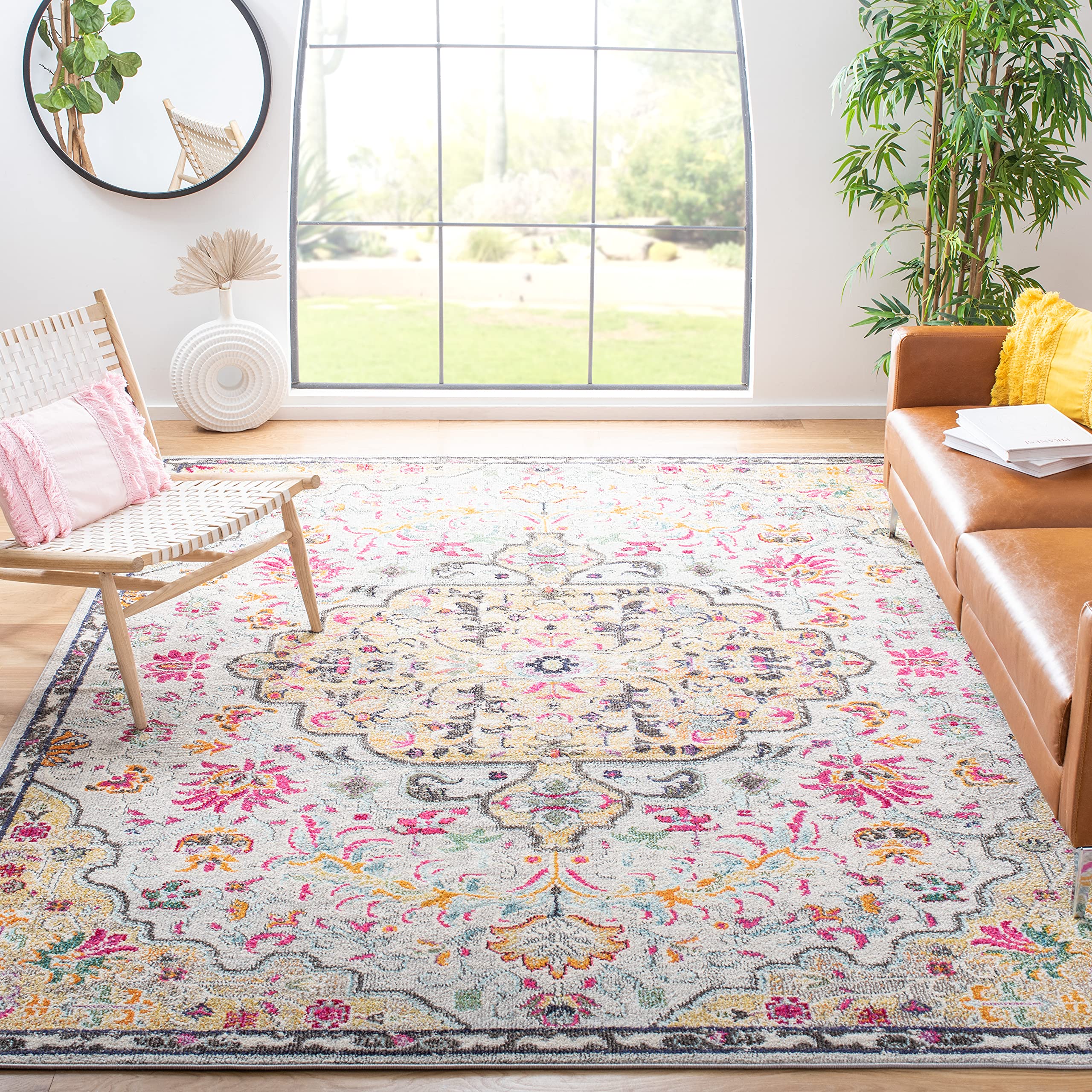 SAFAVIEH Madison Collection 9 Square Grey / Gold MAD447G Boho Chic Medallion Distressed Non-Shedding Living Room Bedroom Dining