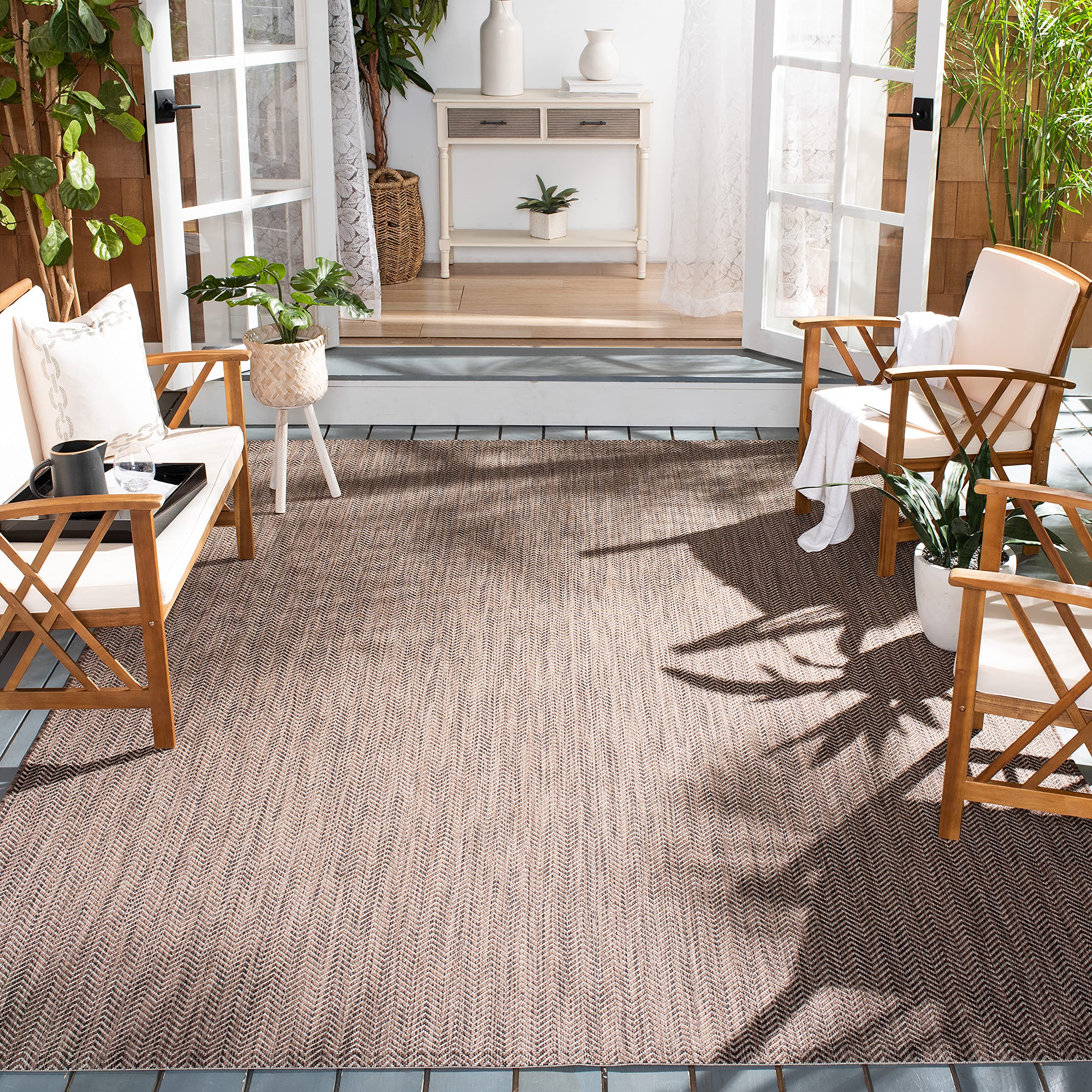 SAFAVIEH Courtyard Collection Area Rug - 6'7'' x 9'6'', Brown & Beige, Non-Shedding & Easy Care, Indoor/Outdoor & Washable-Ideal