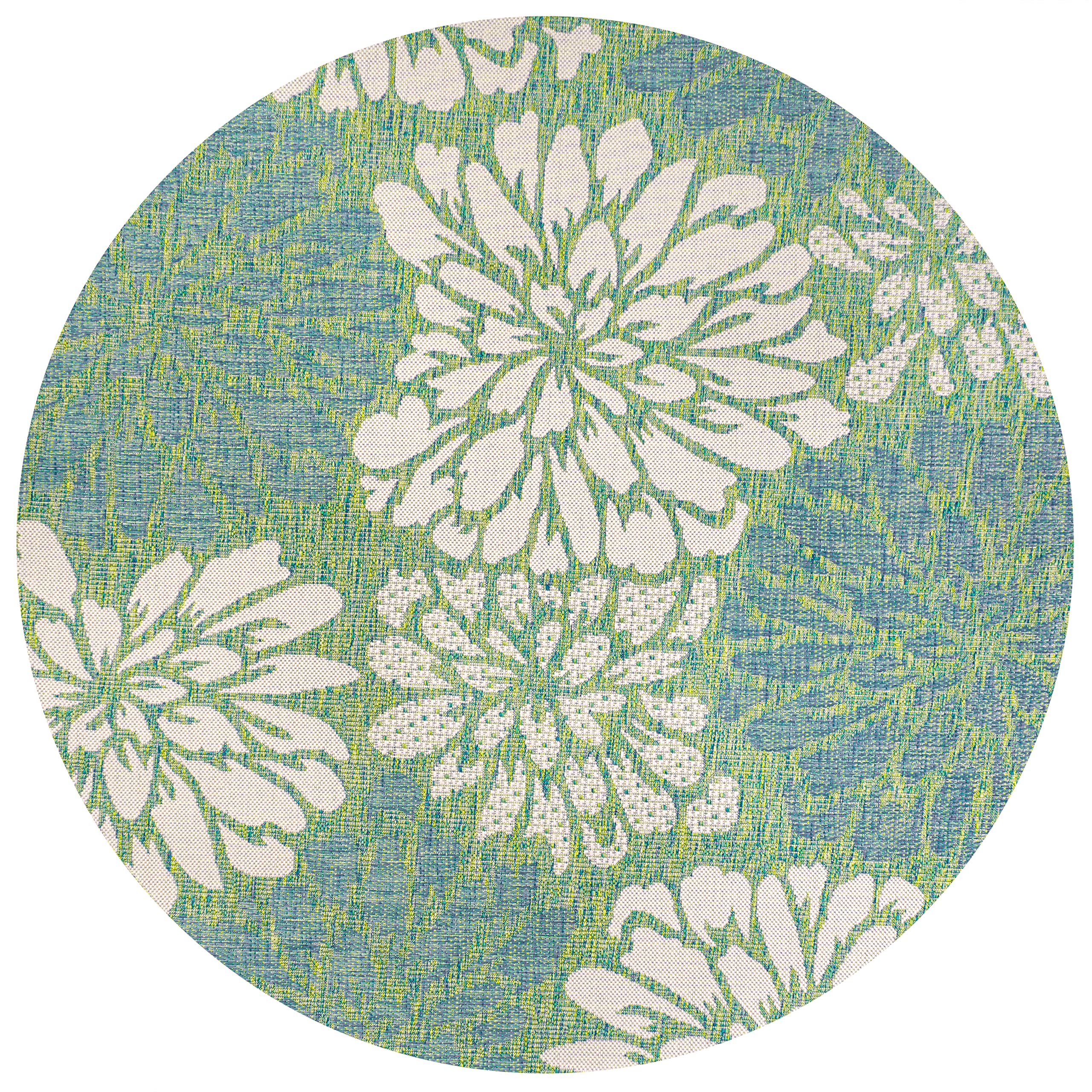 Jonathan Y Smb110D-5R Zinnia Modern Floral Textured Weave Indoor Outdoor Area Rug, Country Coastal Contemporary Easy Cleaning,Bedroom,Kitchen,Backyard,Patio,Non Shedding, Cream/Green, 5' Round