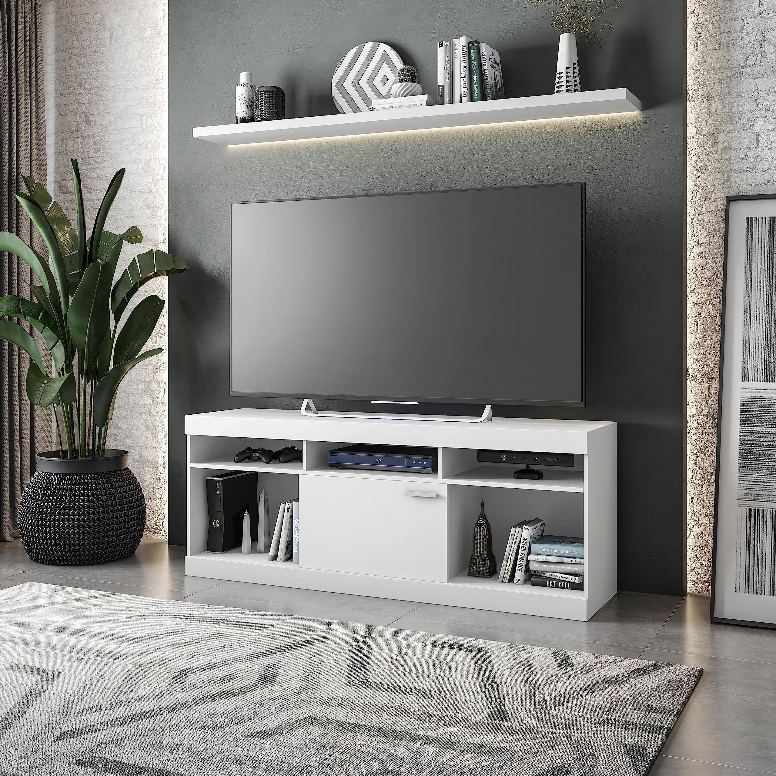White Tv Stand For 65 Inch Tv, Entertainment Center With Storage For Living Room Or Bedroom With Cabinet And Storage, Television Stand Fits Screens Up To 65&Quot; When Measured Diagonally