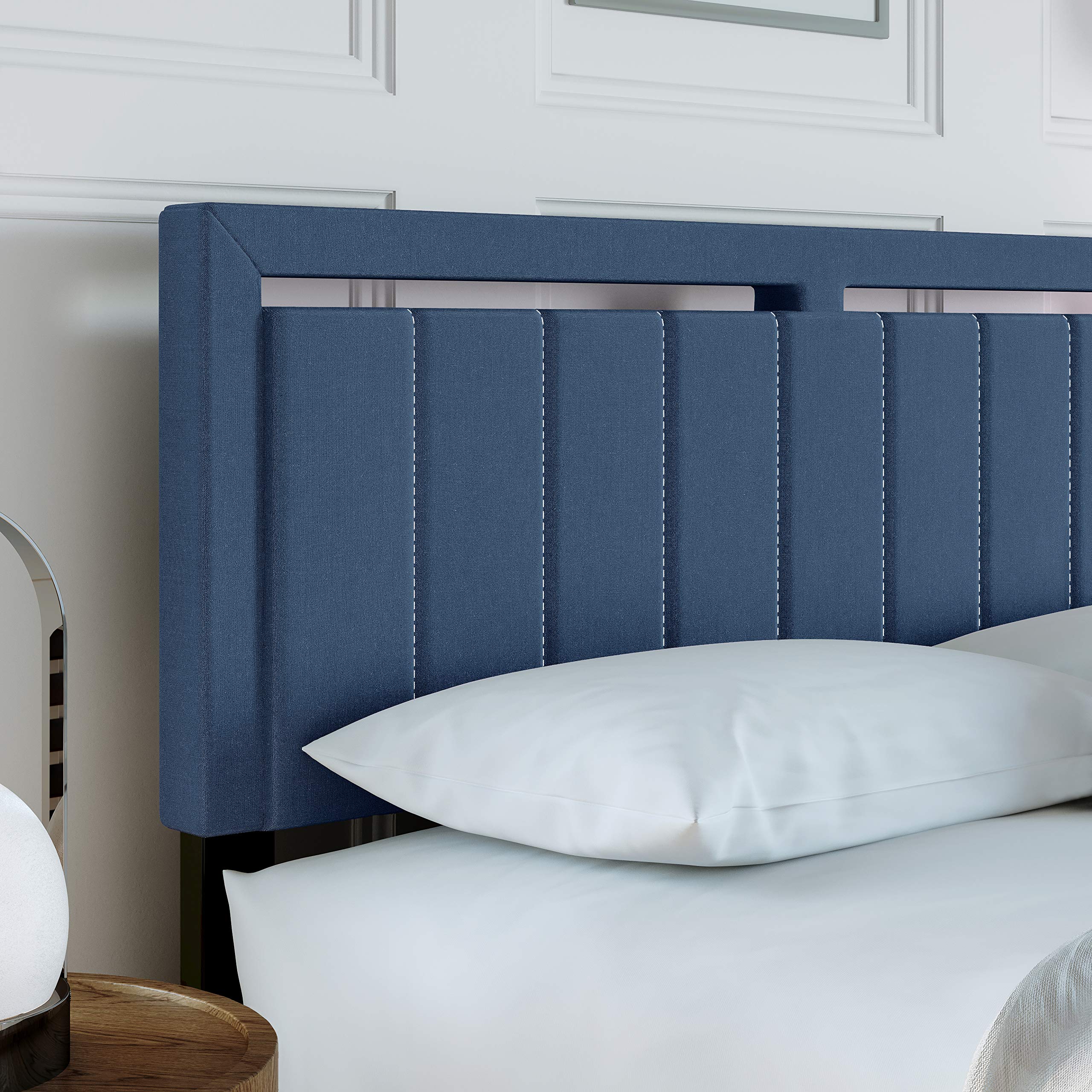 Boyd Sleep Beaumont Upholstered Platform Bed with Headboard, Mattress Foundation with Strong 14 Wood Slat Supports, No Box Spring Required, Blue Linen, Size Queen