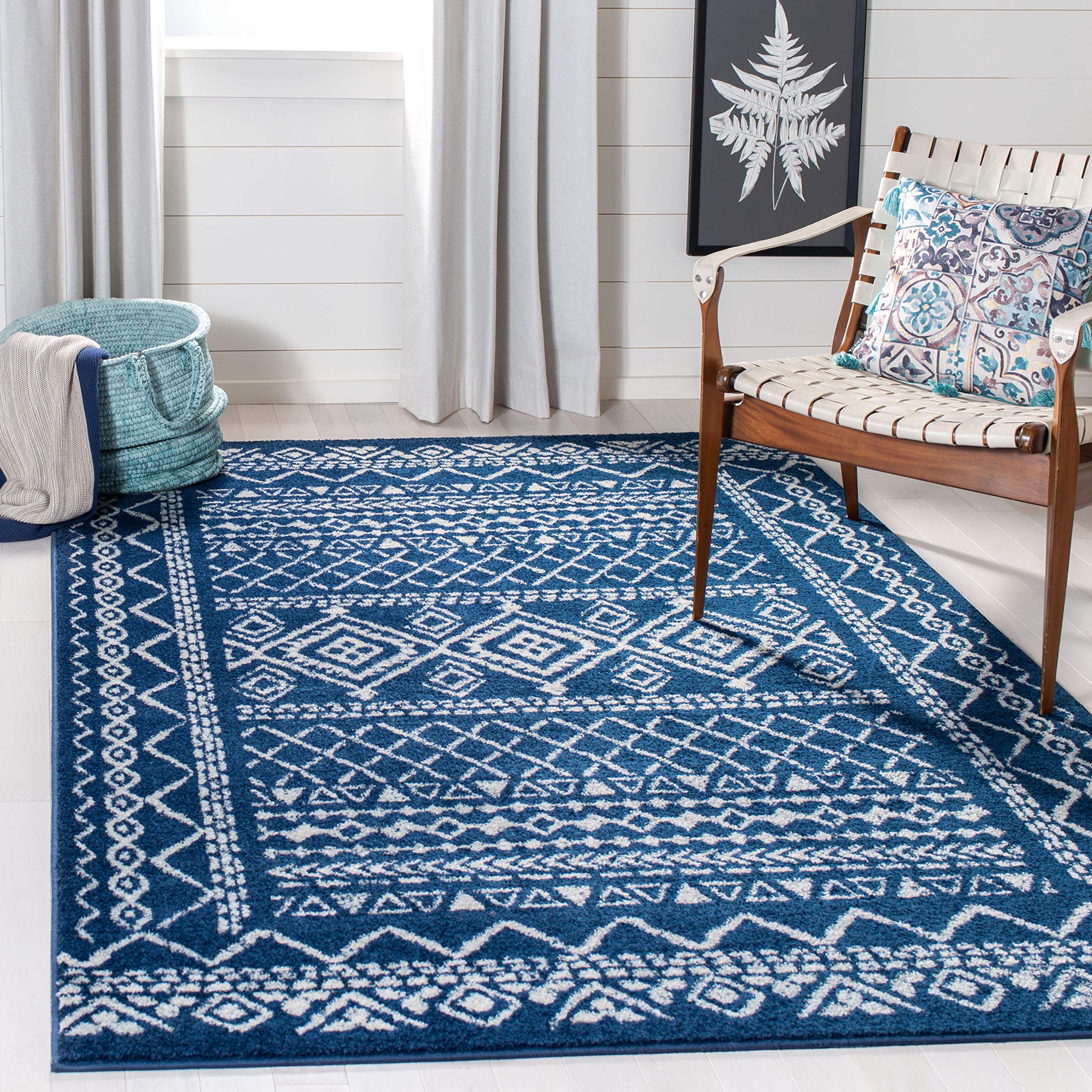 SAFAVIEH Tulum Collection 8 Square Navy/Ivory TUL268N Moroccan Boho Distressed Non-Shedding Area Rug