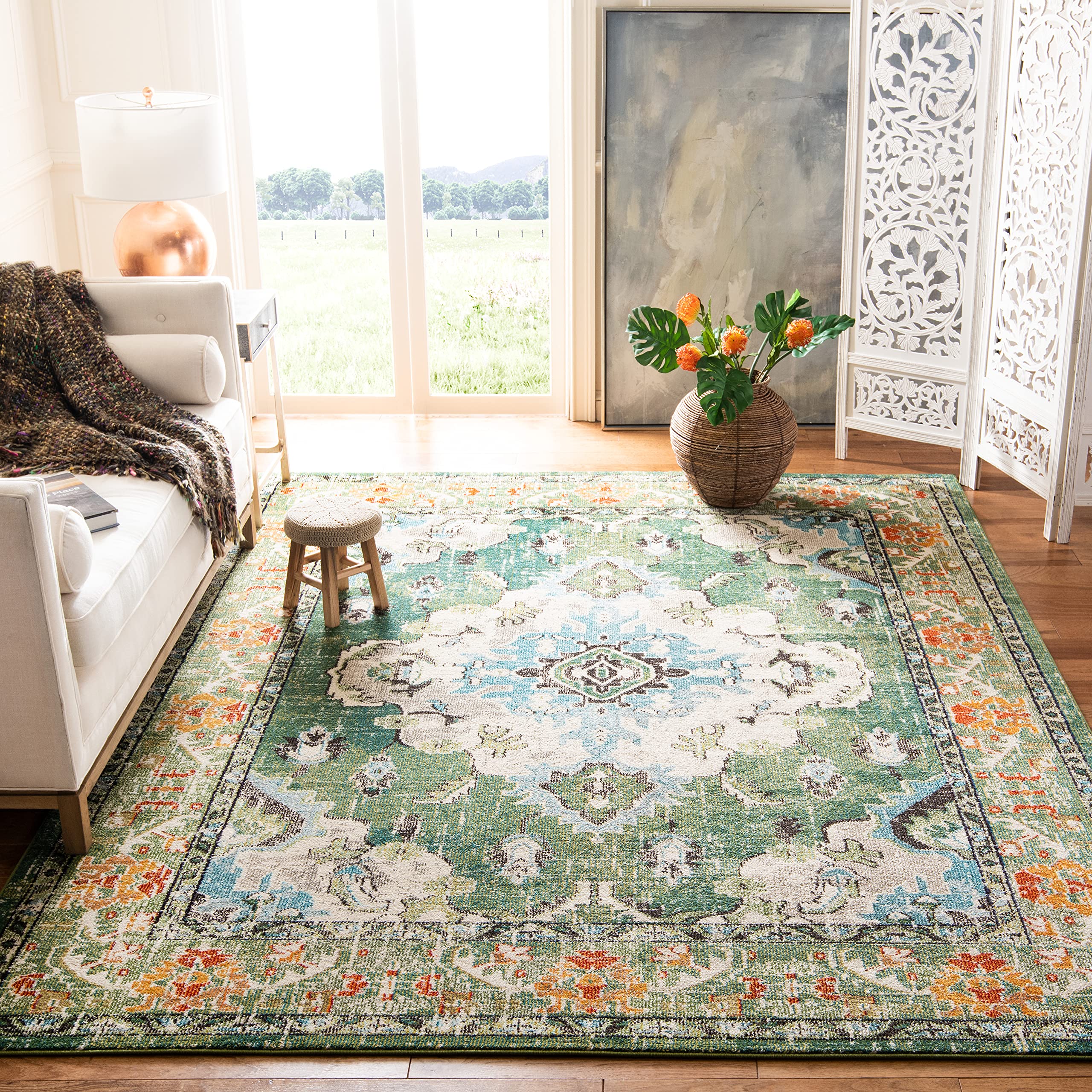 SAFAVIEH Monaco Collection Area Rug - 67 x 92, Forest Green & Light Blue, Medallion Distressed Design, Non-Shedding & Easy Car