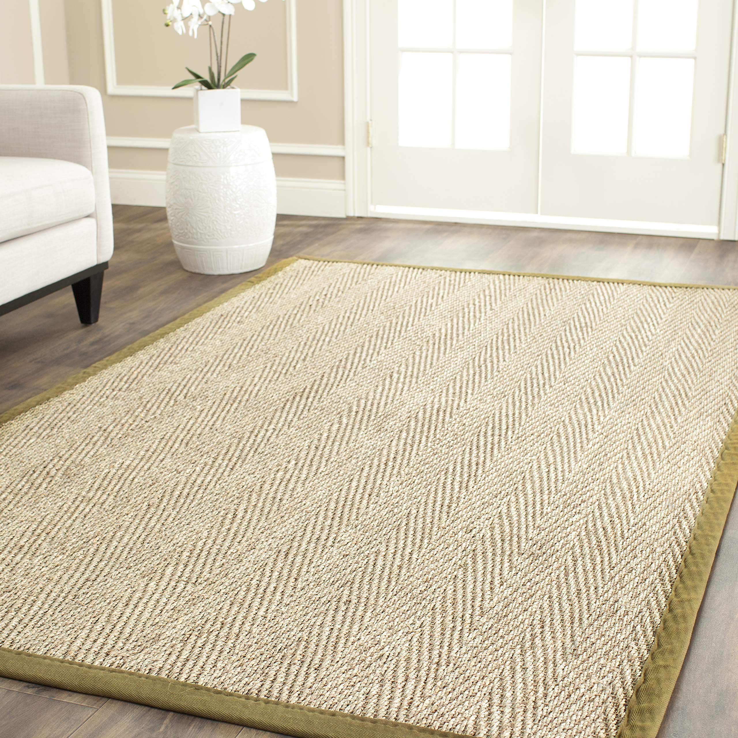Safavieh Natural Fiber Collection Accent Rug - 3 x 5, Natural & Olive, Border Herringbone Seagrass Design, Easy Care, Ideal fo
