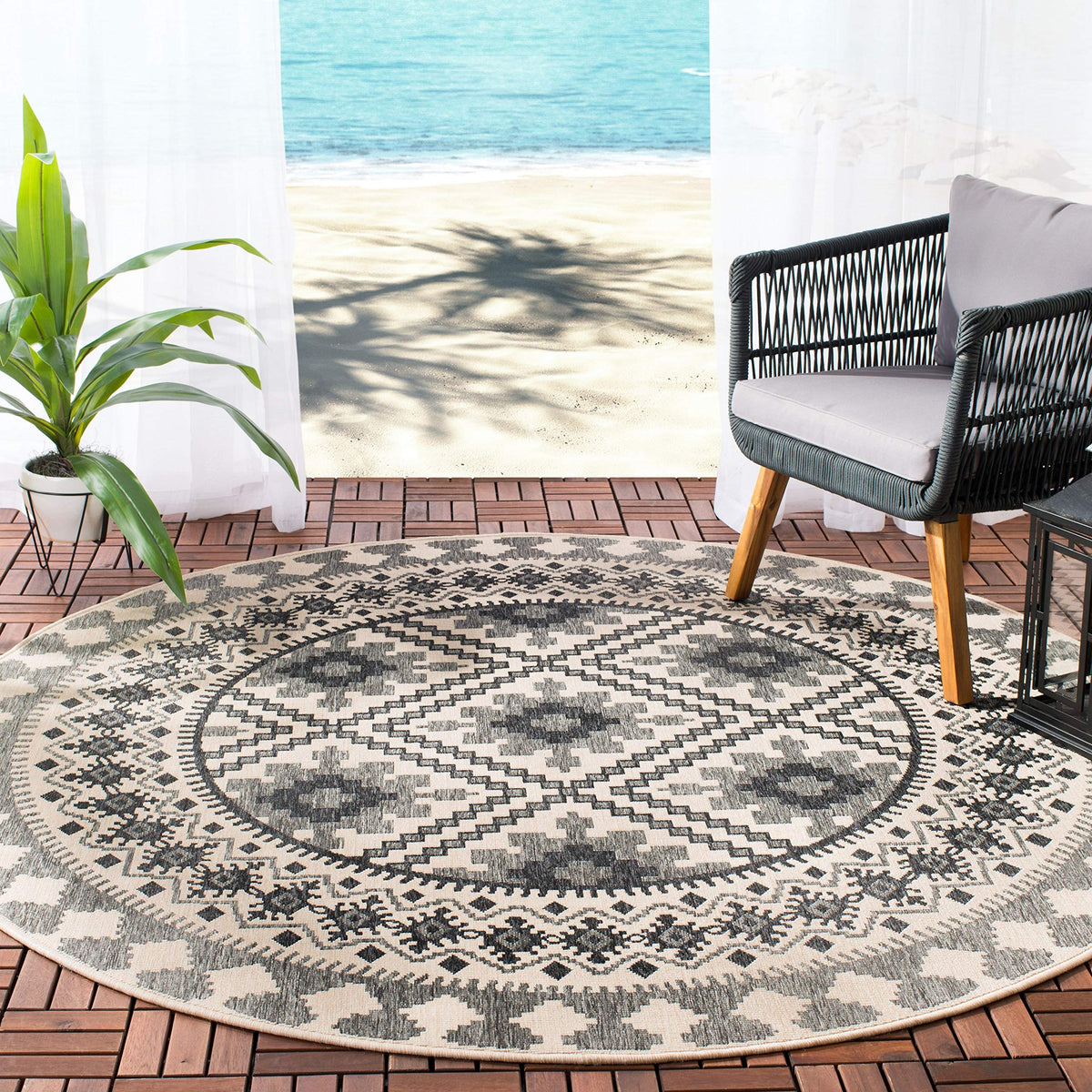 Safavieh Veranda Collection 6'7' Round Ivory / Slate Ver099 Boho Indoor/ Outdoor Non-Shedding Easy Cleaning Patio Backyard Porc