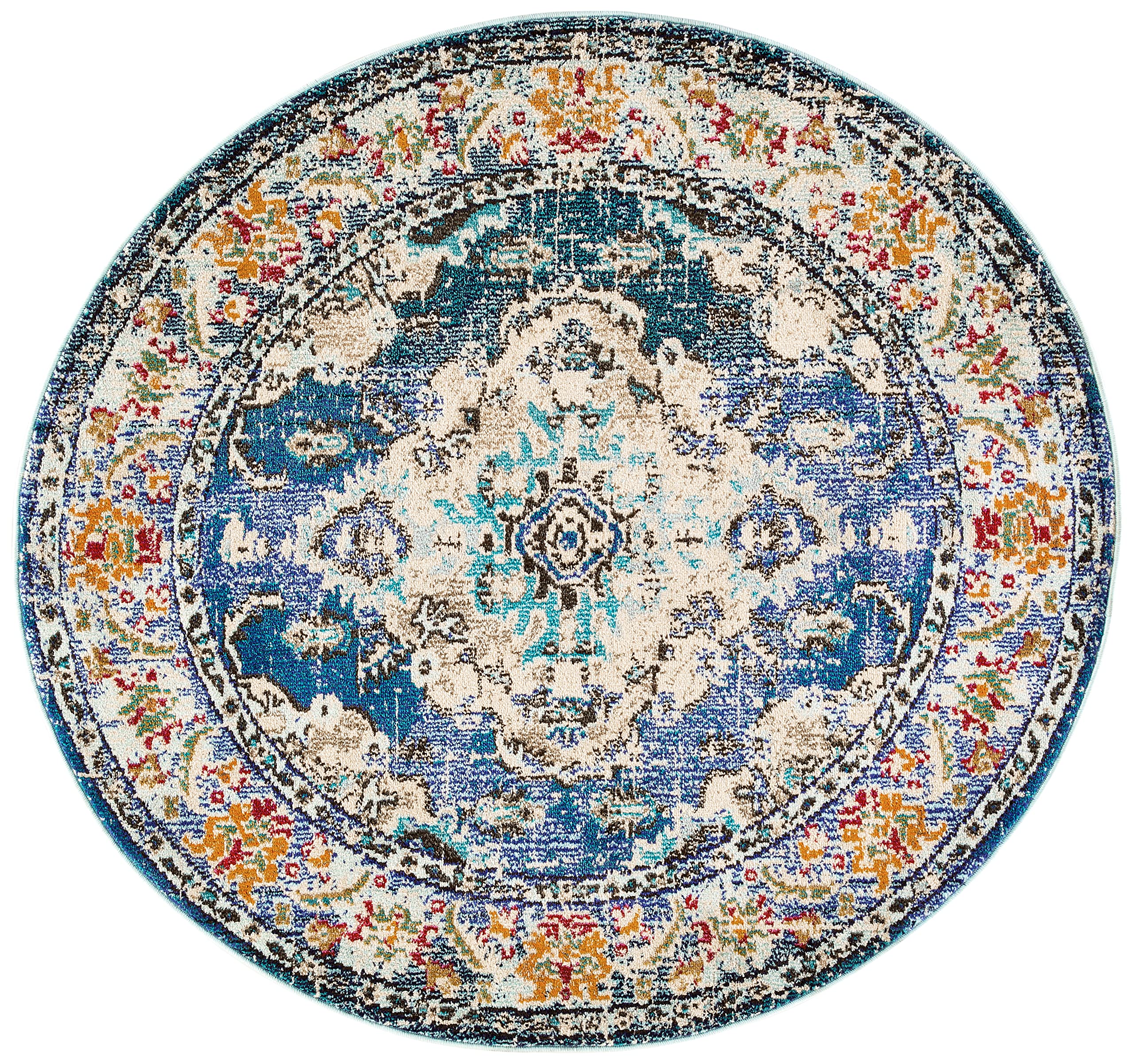 SAFAVIEH Monaco Collection Area Rug - 5 Round, Navy & Light Blue, Boho Chic Medallion Distressed Design, Non-Shedding & Easy Ca