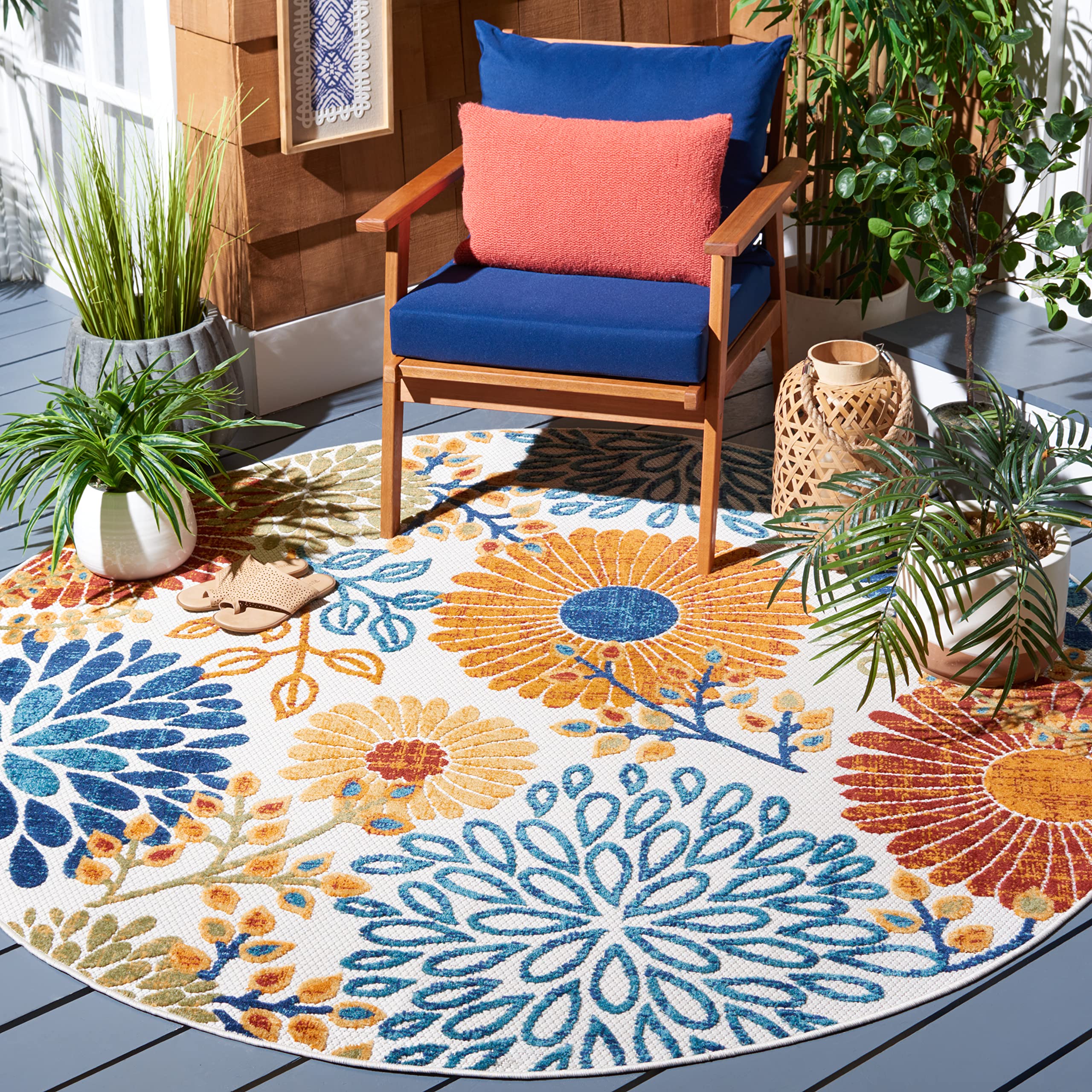 Safavieh Cabana Collection 3' Round Cream/Red Cbn832A Floral Indoor/ Outdoor Non-Shedding Easy Cleaning Patio Backyard Deck Porch Mudroom Area Rug