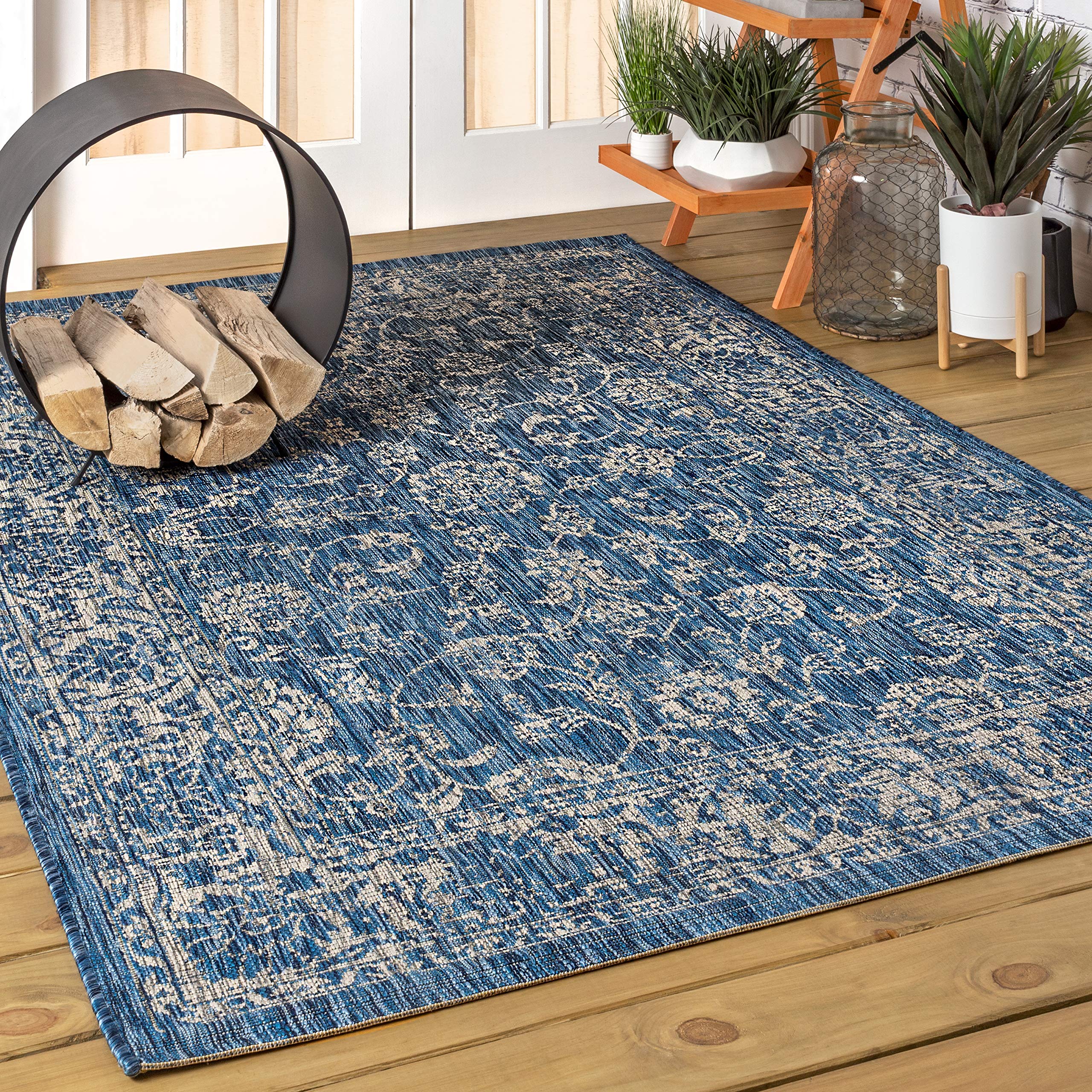 JONATHAN Y SMB100B-6 Tela Bohemian Textured Weave Floral Navy/Gray 6 ft. x 9 ft. Indoor/Outdoor Area Rug, Pet Friendly, Non-Shed