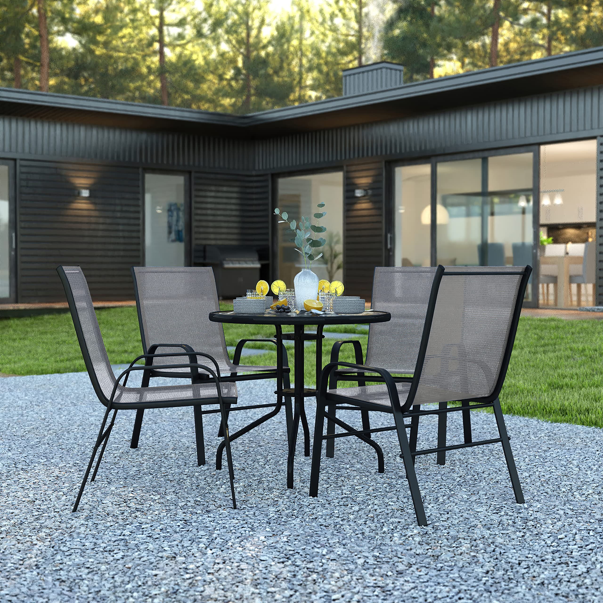 Flash Furniture Brazos 5 Piece Outdoor Patio Dining Set - 4 Gray Flex Comfort Stack Chairs - 31.5&Quot; Round Tempered Glass Patio Table
