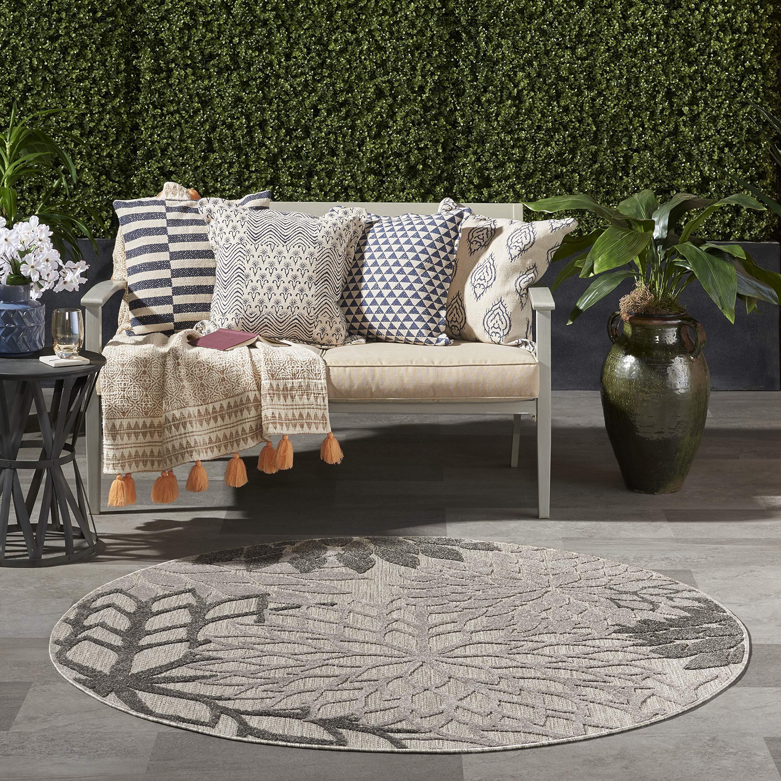 Nourison Aloha Indoor/Outdoor Floral Silver Grey 5'3' X Round Area Rug, (5' Round)
