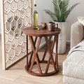 Cozayh Farmhouse End Table, Rustic Round Side Table With X-Motifs Legs, Wood Textured Top, For Boho, French Country Decor, Brown