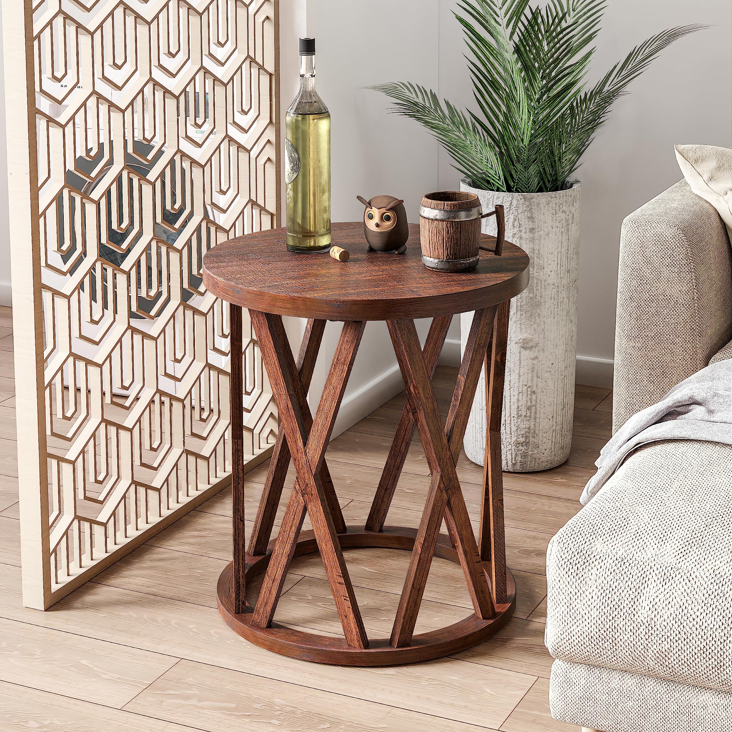Cozayh Farmhouse End Table, Rustic Round Side Table With X-Motifs Legs, Wood Textured Top, For Boho, French Country Decor, Brown