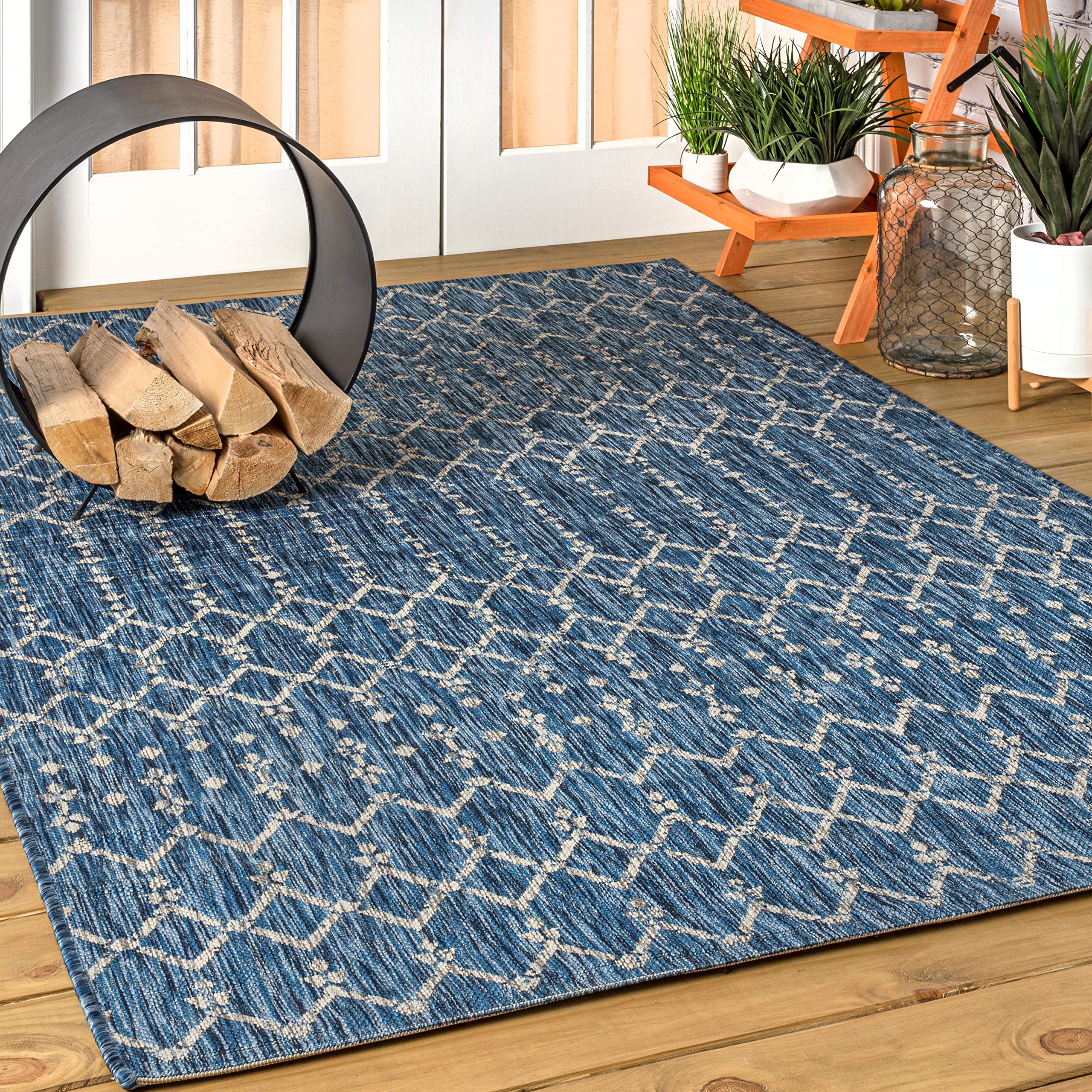 Jonathan Y Smb108B-8 Ourika Moroccan Geometric Textured Weave Indoor Outdoor Area Rug, Bohemian, Rustic, Scandinavian Easy Cleaning,Bedroom,Kitchen,Backyard,Patio,Non Shedding, Navy/Light Gray, 8 X 10
