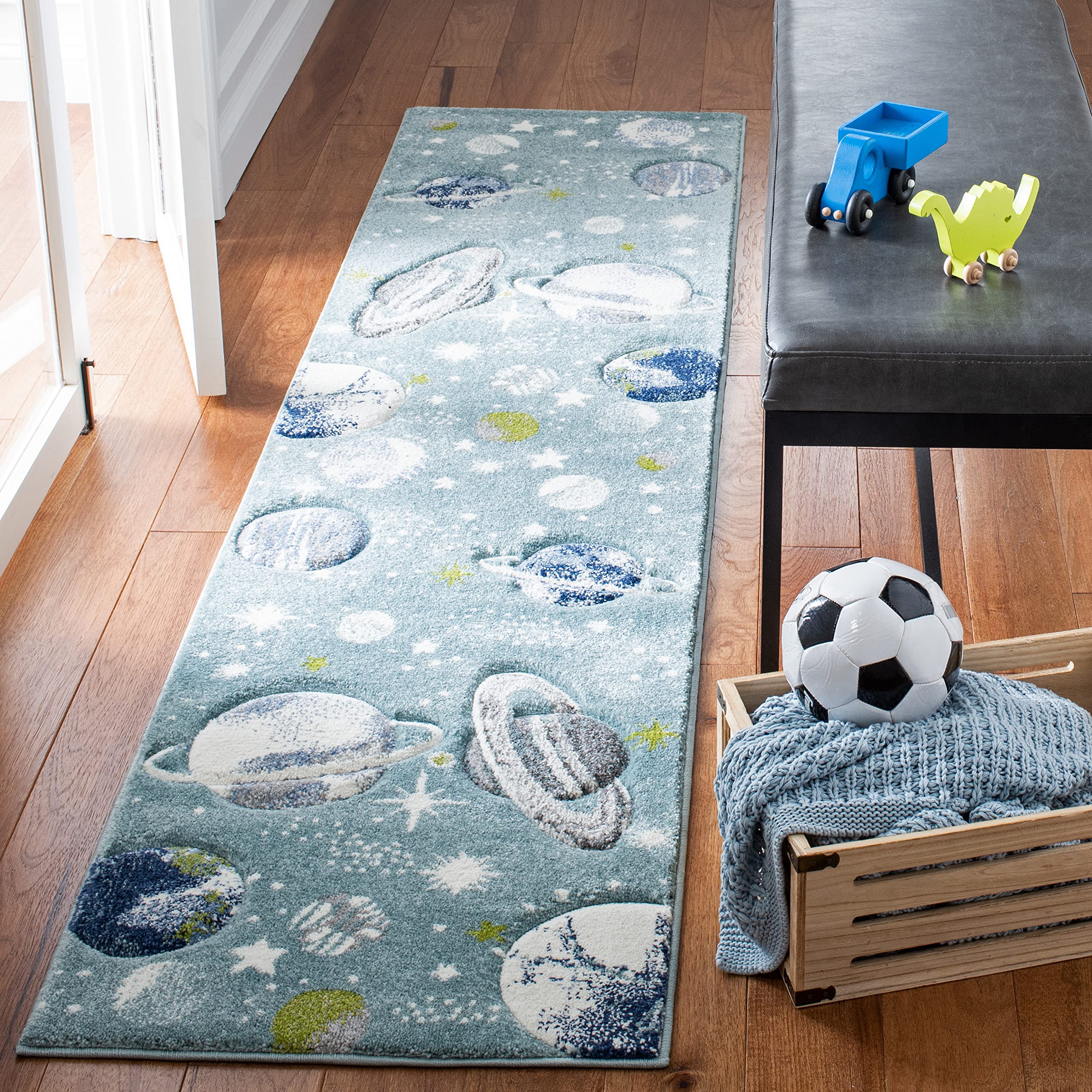 SAFAVIEH Carousel Kids Collection Runner Rug - 23 x 12, Teal & Ivory, Non-Shedding & Easy Care, Ideal for High Traffic Areas f