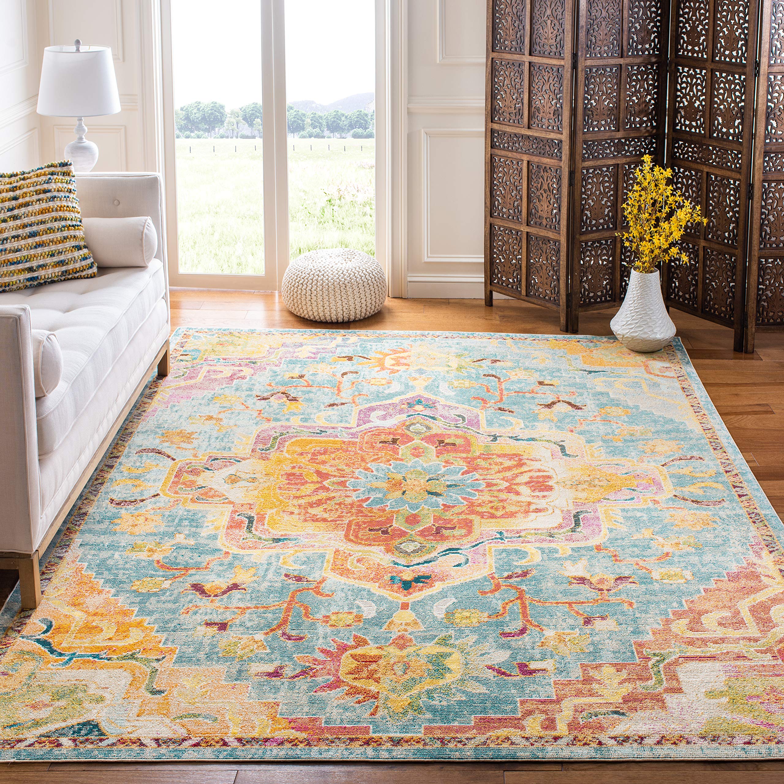 SAFAVIEH Crystal Collection Area Rug - 10 x 14, Orange & Teal, Medallion Distressed Design, Non-Shedding & Easy Care, Ideal fo