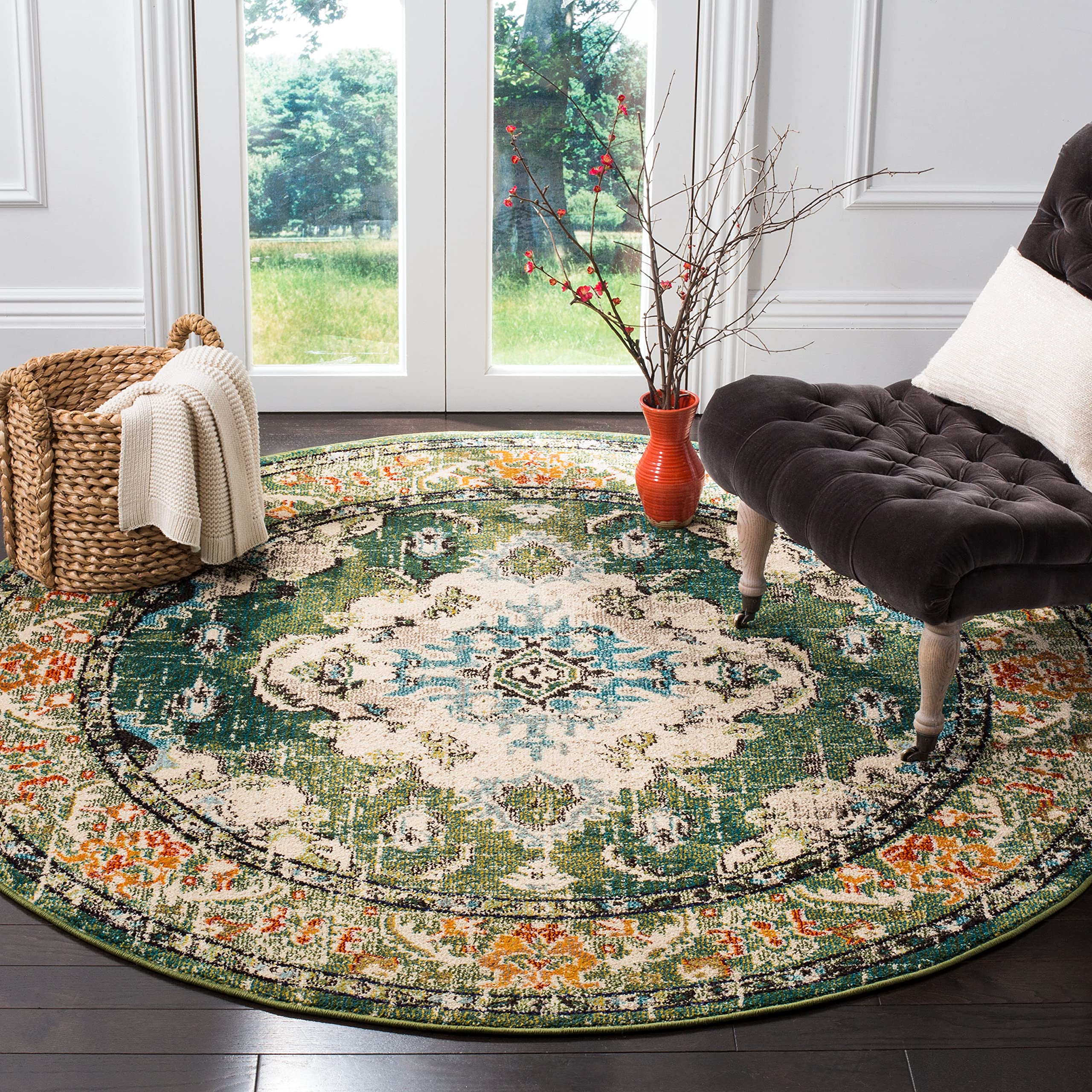 SAFAVIEH Monaco Collection Area Rug - 10 Square, Forest Green & Light Blue, Medallion Distressed Design, Non-Shedding & Easy Ca