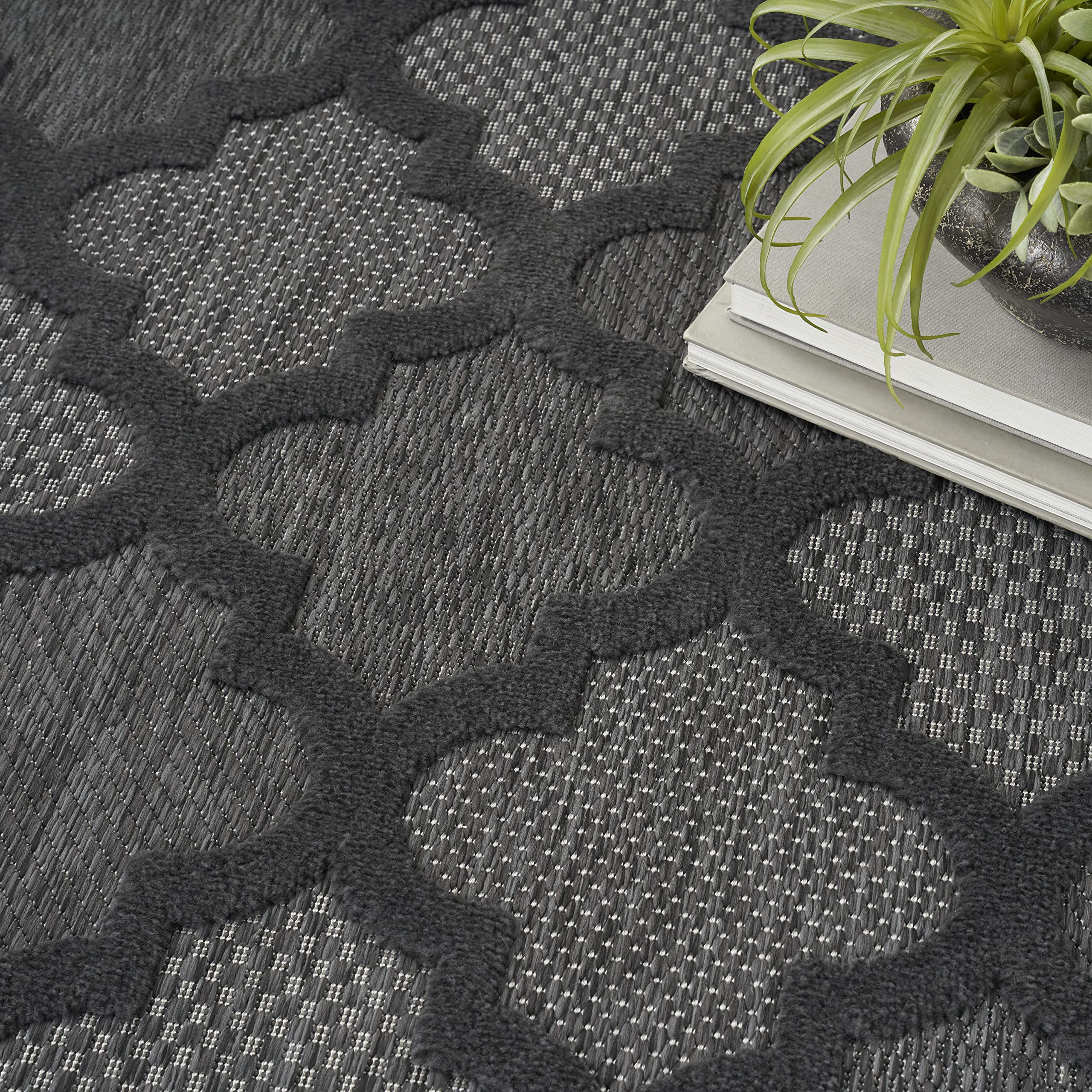Nourison Easy Care Moroccan Charcoal/Black 5' X 7' Area Rug, Trellis, Easy Cleaning, Non Shedding, Bed Room, Living Room, Dining Room, Backyard, Deck, Patio (5X7)
