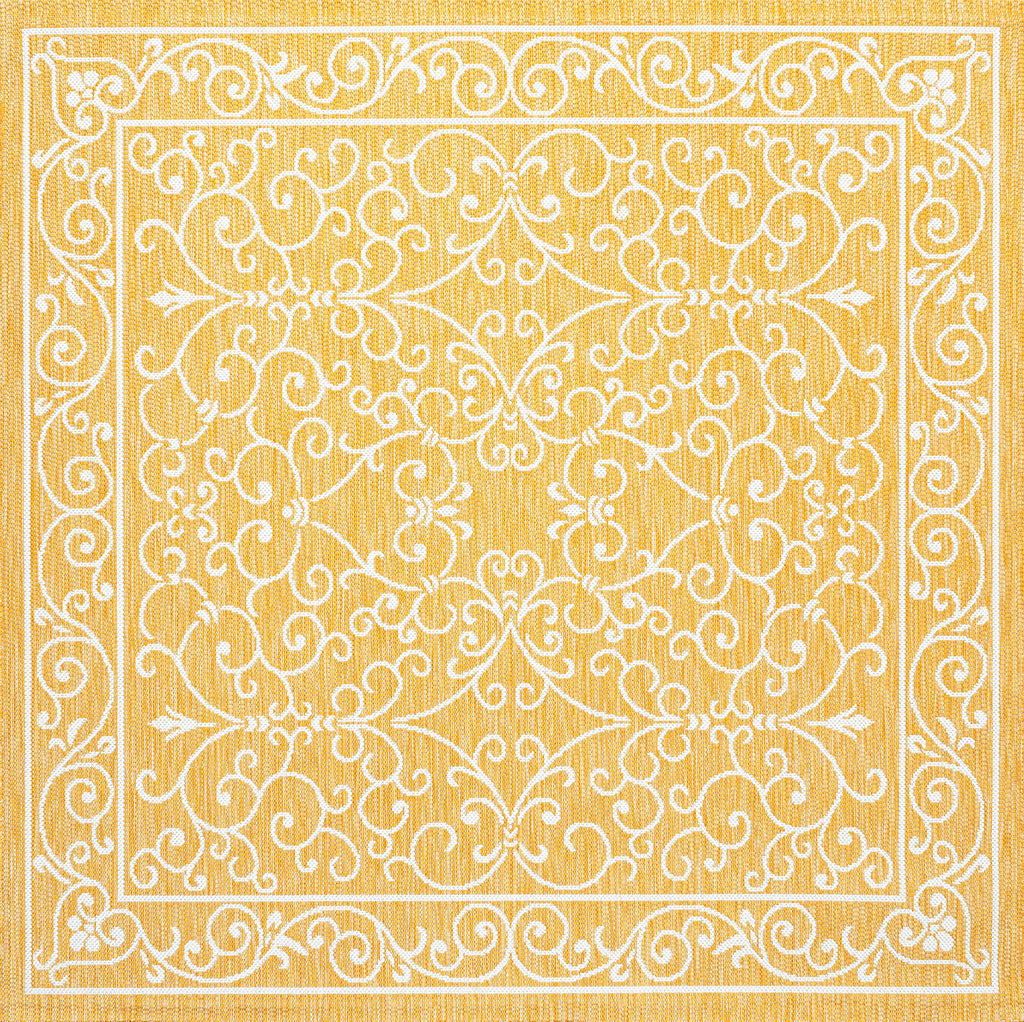 Jonathan Y Smb106L-5Sq Charleston Vintage Filigree Textured Weave Indoor Outdoor Area Rug, Classic Traditional Transitional Easy Cleaning,Bedroom,Kitchen,Backyard,Patio, Yellow/Cream, 5' Square