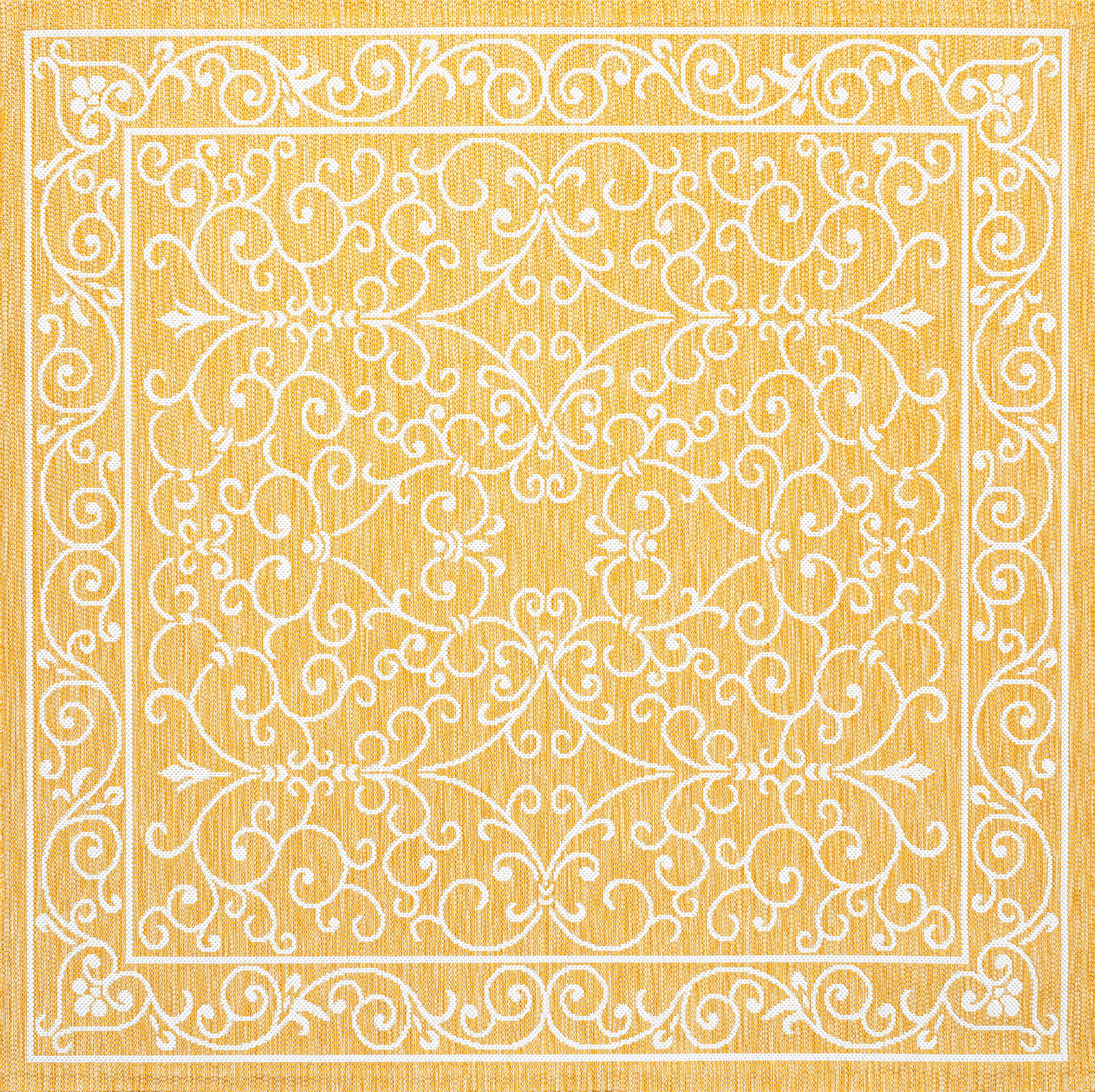 Jonathan Y Smb106L-5Sq Charleston Vintage Filigree Textured Weave Indoor Outdoor Area Rug, Classic Traditional Transitional Easy Cleaning,Bedroom,Kitchen,Backyard,Patio, Yellow/Cream, 5' Square