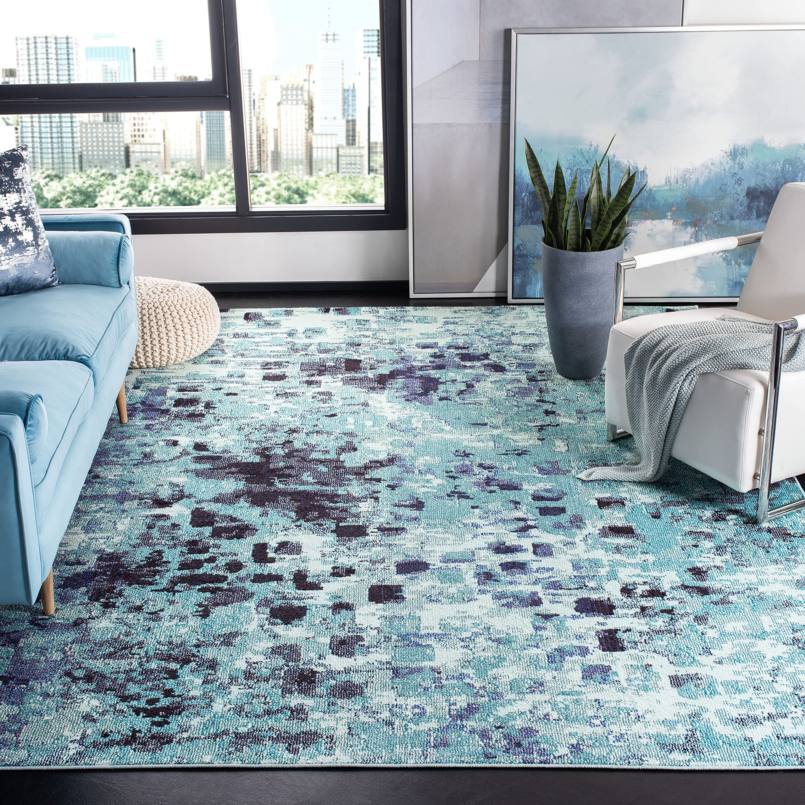 SAFAVIEH Madison Collection Area Rug - 10 x 14, Turquoise & Navy, Boho Abstract Distressed Design, Non-Shedding & Easy Care, I