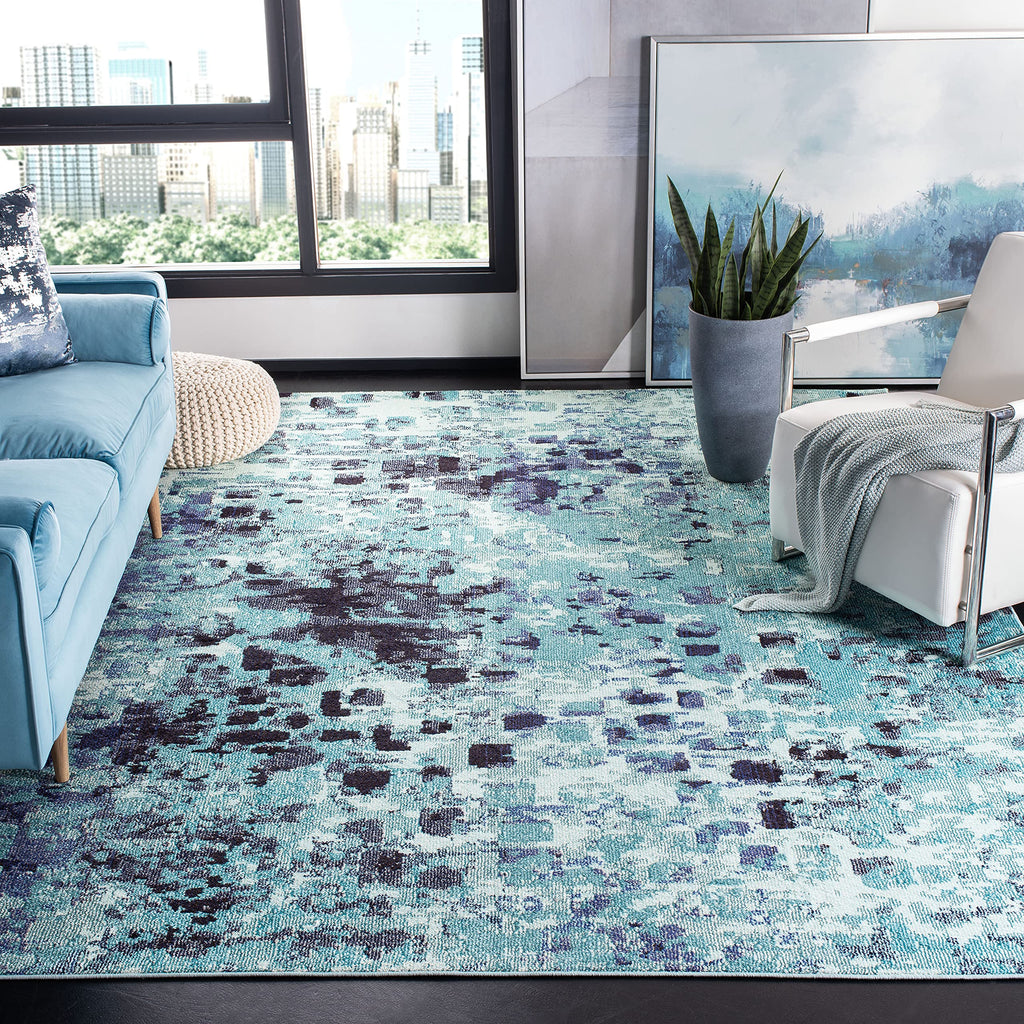 SAFAVIEH Madison Collection Area Rug - 5'3'' x 7'6'', Turquoise & Navy, Boho Abstract Distressed Design, Non-Shedding & Easy Car