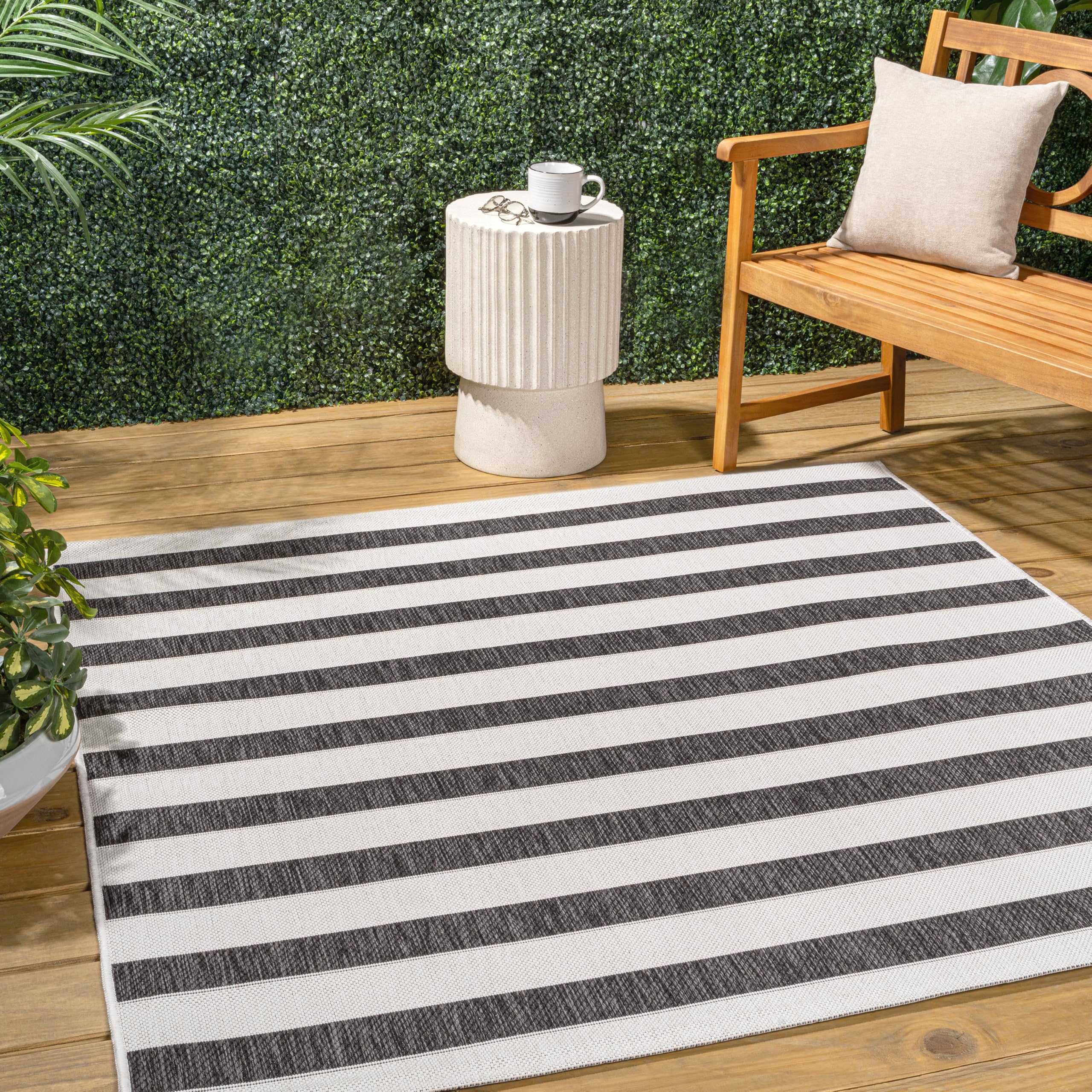 Jonathan Y Smb112B-9Sq Aveiro Wide Stripe Black/Cream 9' Square Indoor/Outdoor Area Rug, Pet Friendly, Non-Shedding, Stain Resis