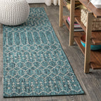 Jonathan Y Smb108C-28 Ourika Moroccan Geometric Textured Weave Indoor Outdoor Area Rug, Bohemian, Rustic, Scandinavian Easy Cleaning,Bedroom,Kitchen,Backyard,Patio,Non Shedding, Teal/Gray, 2 X 8