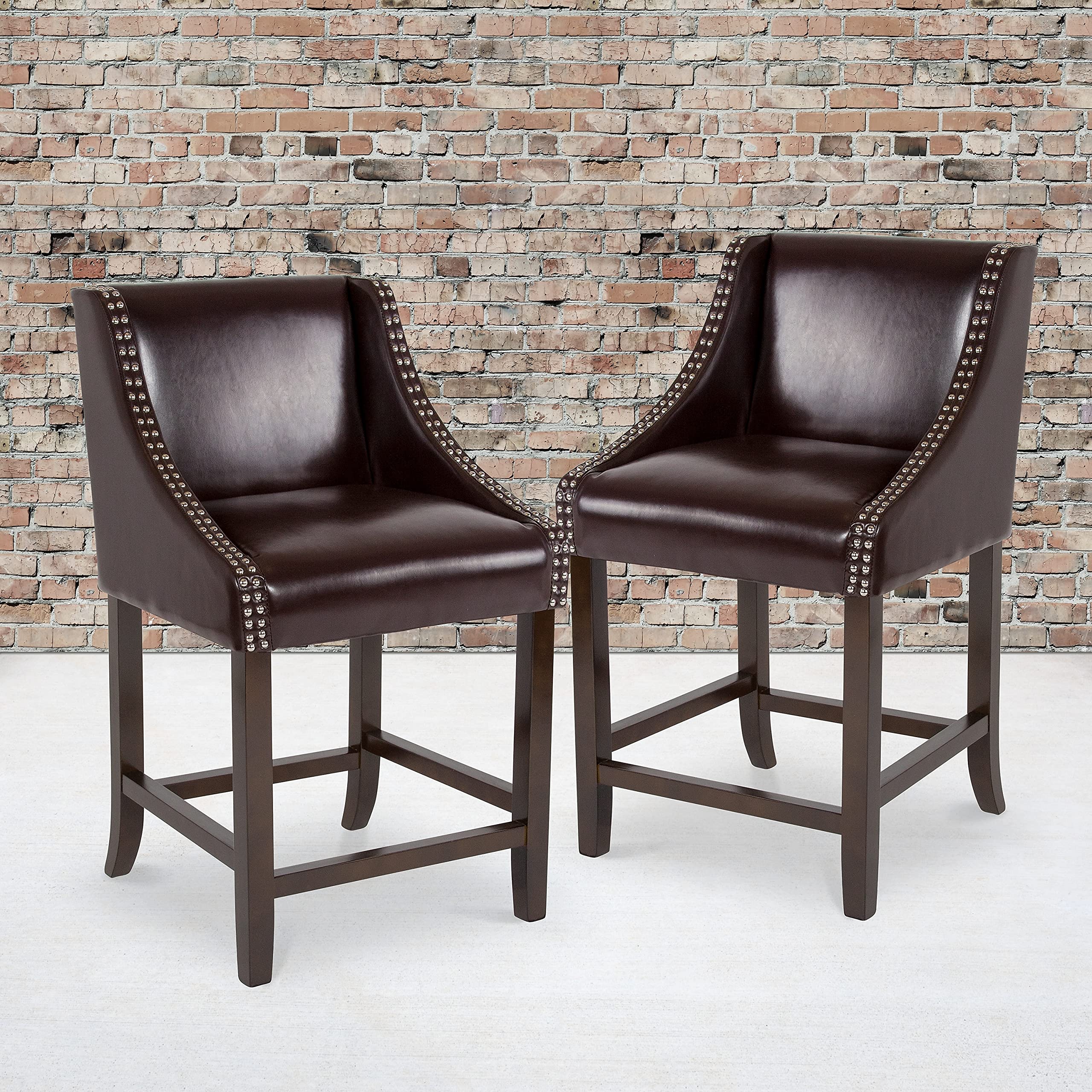 Flash Furniture Carmel Series 24&quot; High Transitional Walnut Counter Height Stool With Nail Trim In Brown Leathersoft, Set Of 2