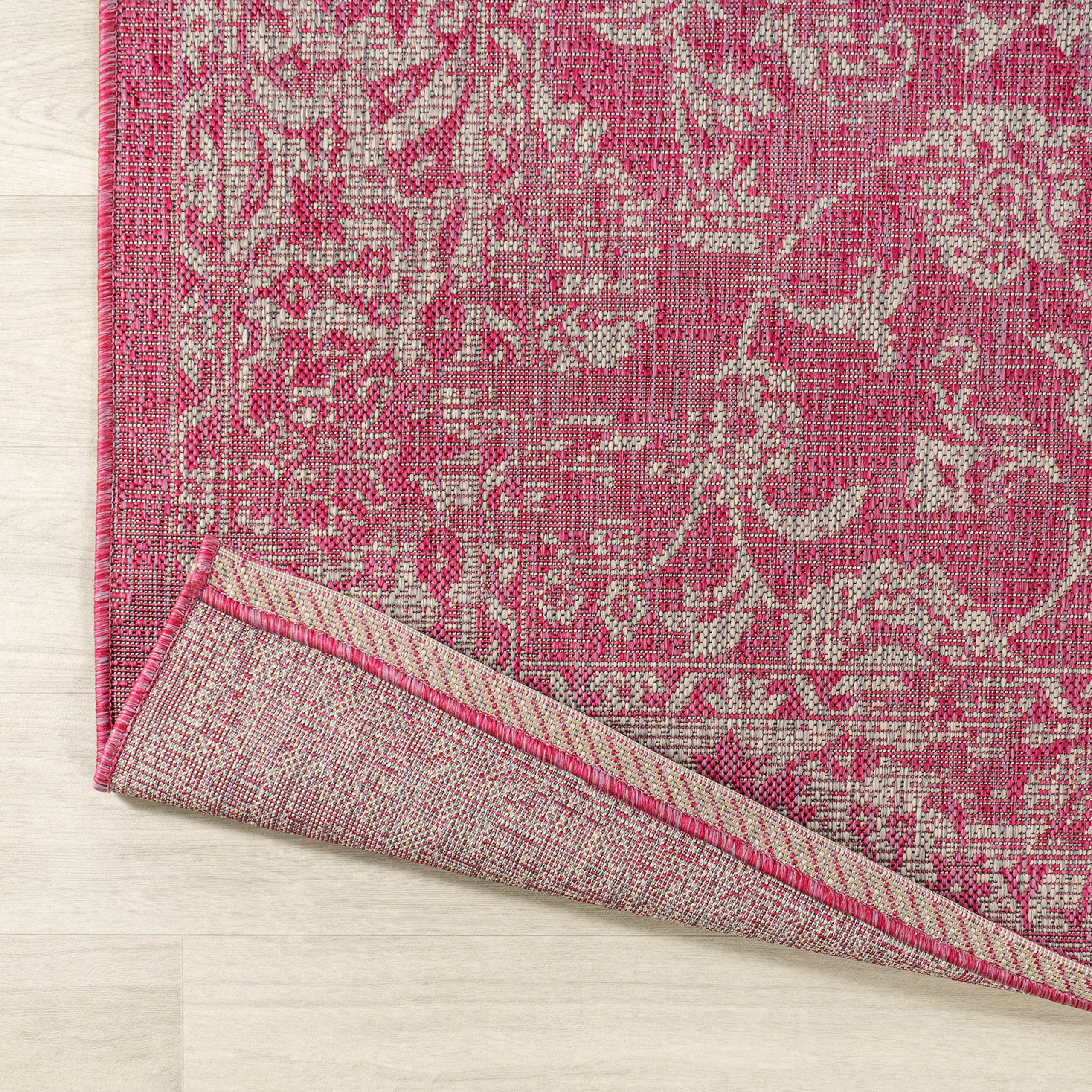 Jonathan Y Smb100G-5Sq Tela Bohemian Textured Weave Floral Indoor Outdoor Area Rug, Coastal Traditional Transitional Easy Cleaning,Bedroom,Kitchen,Backyard,Patio, Fuchsia/Light Gray, 5' Square