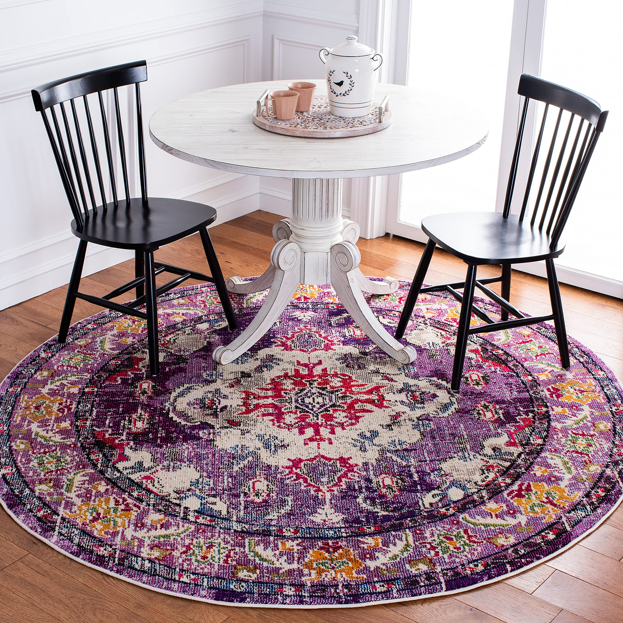 SAFAVIEH Monaco Collection Area Rug - 67 Round, Violet & Fuchsia, Boho Chic Medallion Distressed Design, Non-Shedding & Easy Ca