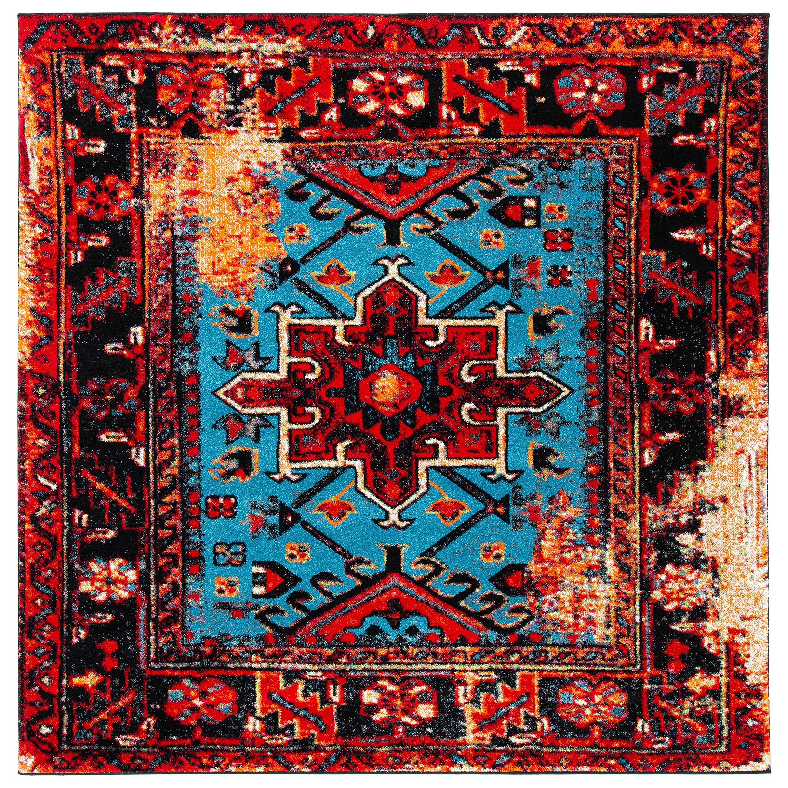 SAFAVIEH Vintage Hamadan Collection Area Rug - 53 Round, Red & Light Blue, Traditional Persian Design, Non-Shedding & Easy Care